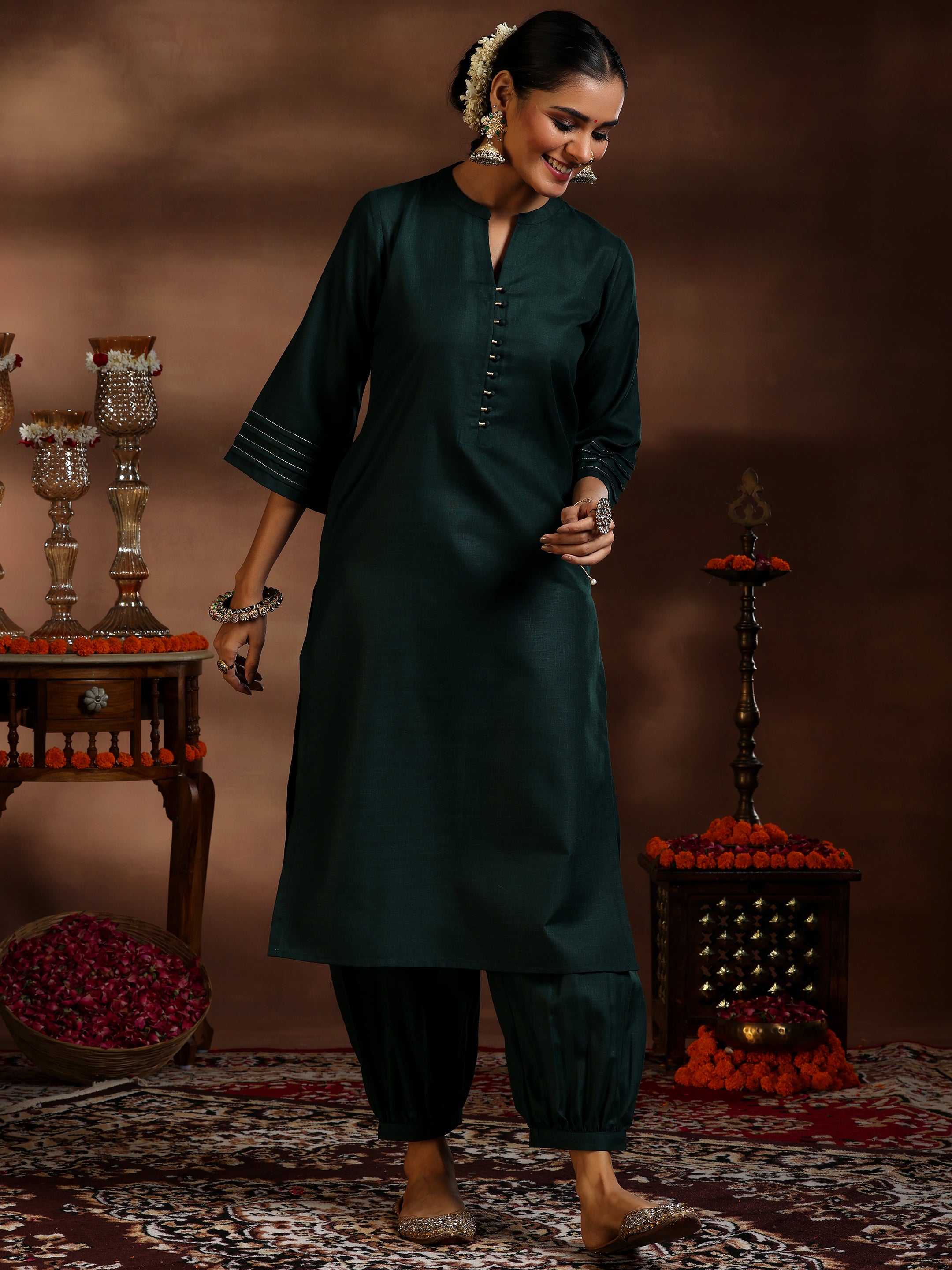 Green Solid Cotton Blend Straight Suit With Dupatta