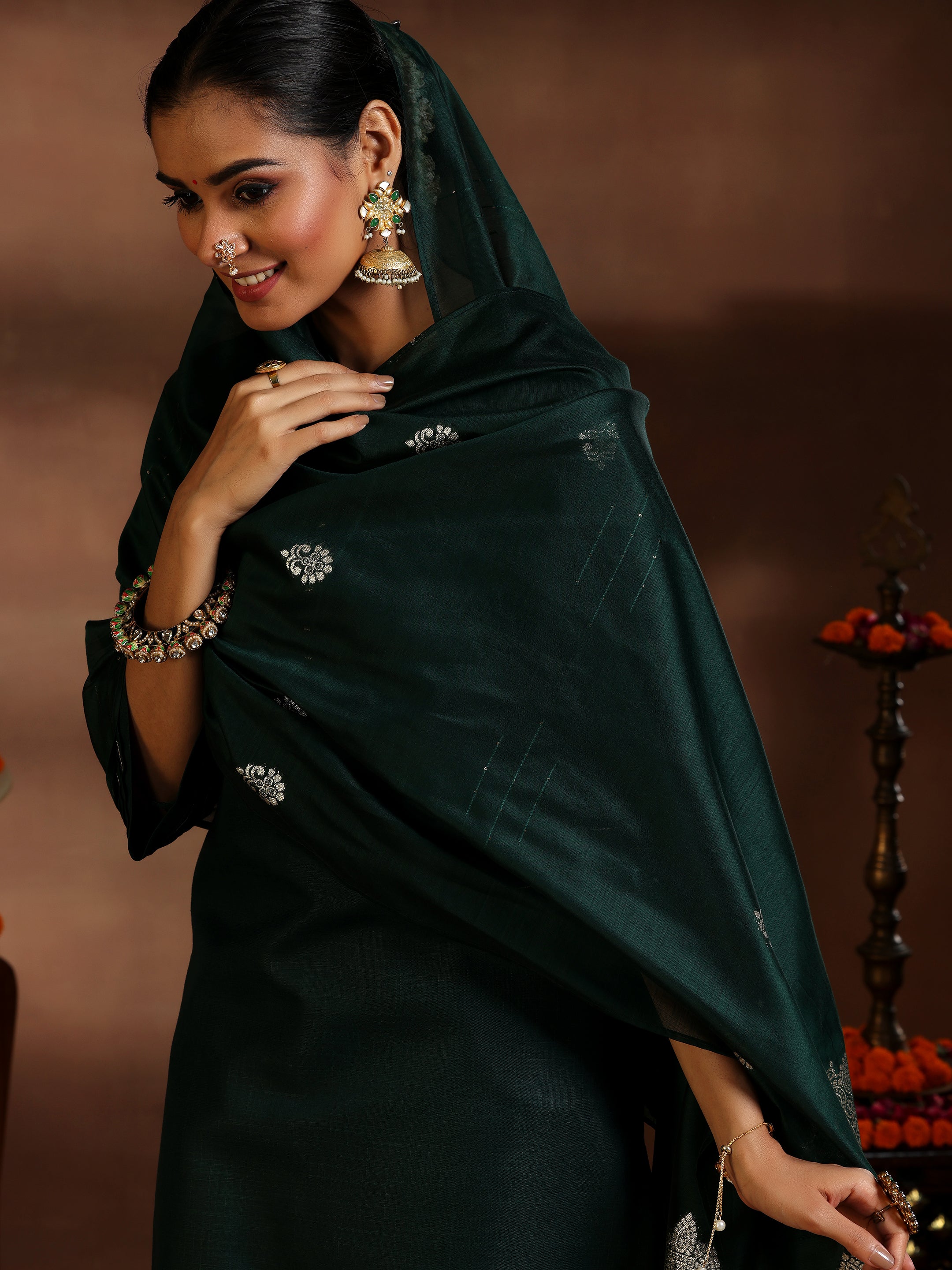 Green Solid Cotton Blend Straight Suit With Dupatta