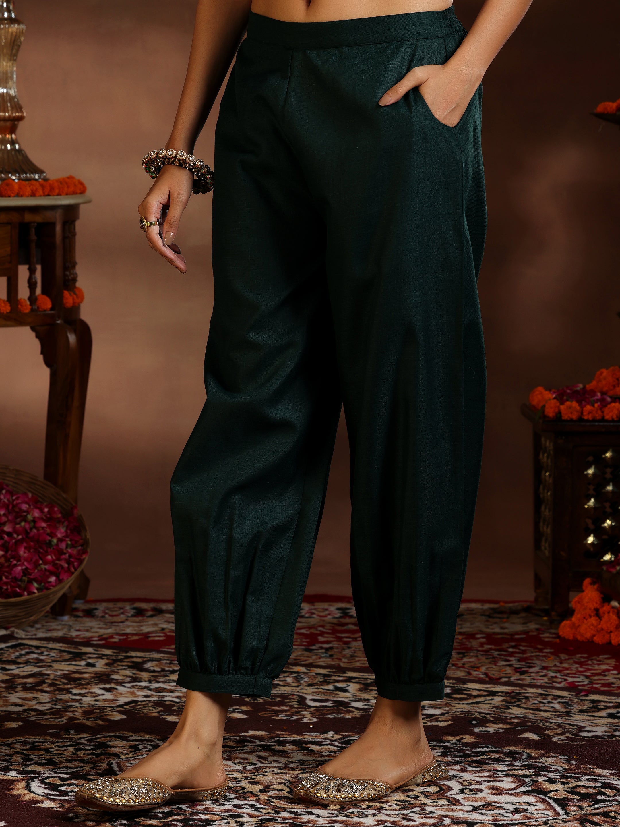 Green Solid Cotton Blend Straight Suit With Dupatta