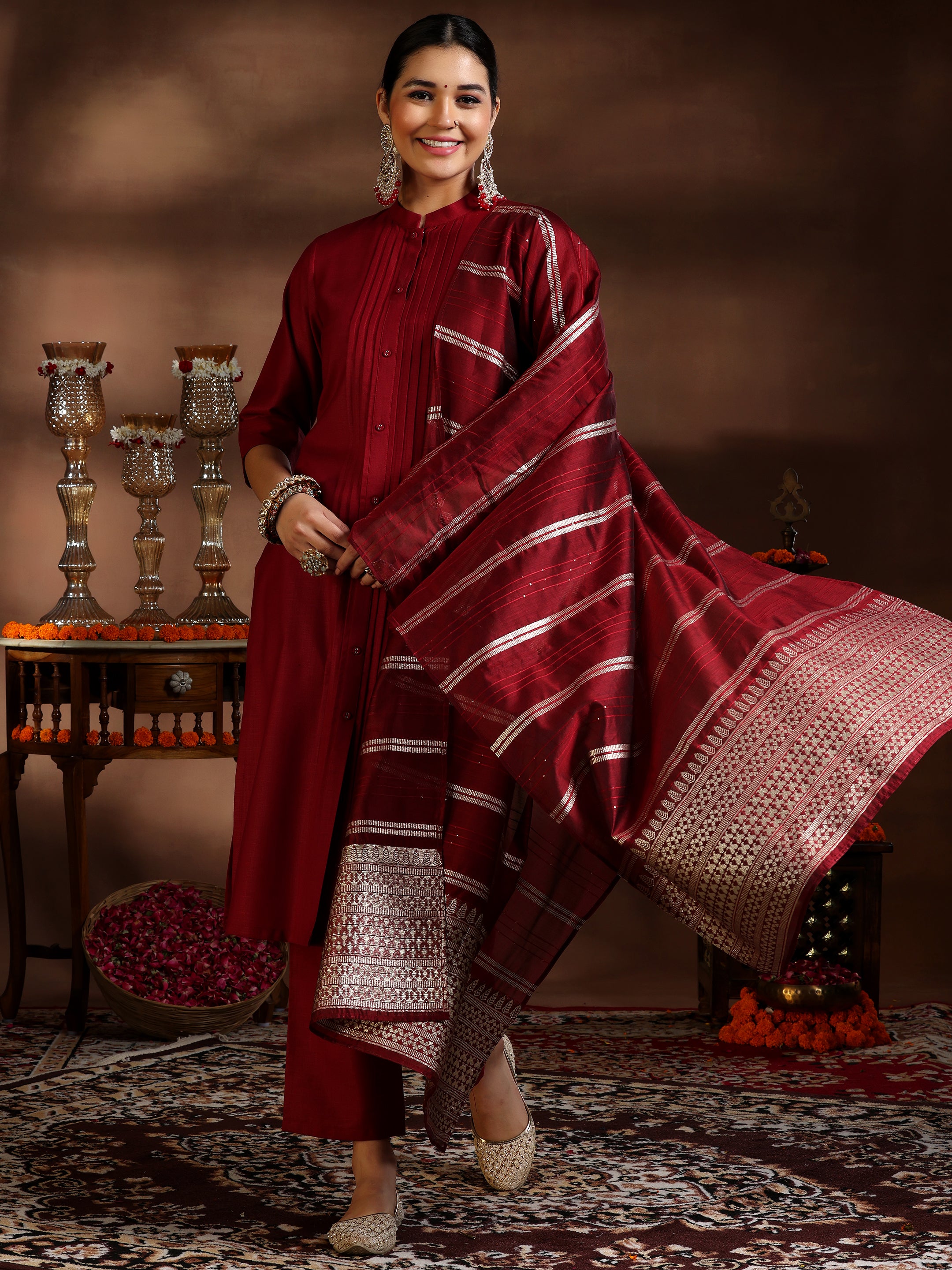 Maroon Solid Silk Blend Straight Suit With Dupatta