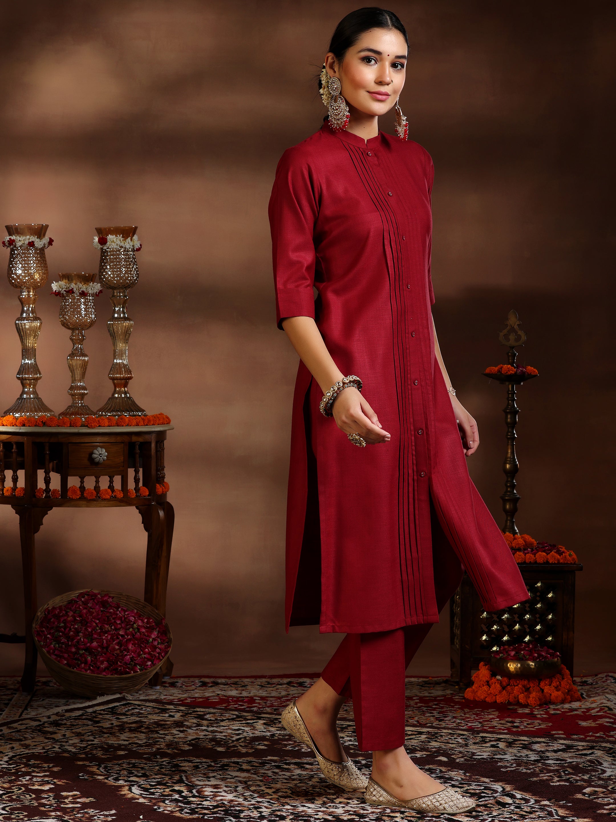 Maroon Solid Silk Blend Straight Suit With Dupatta