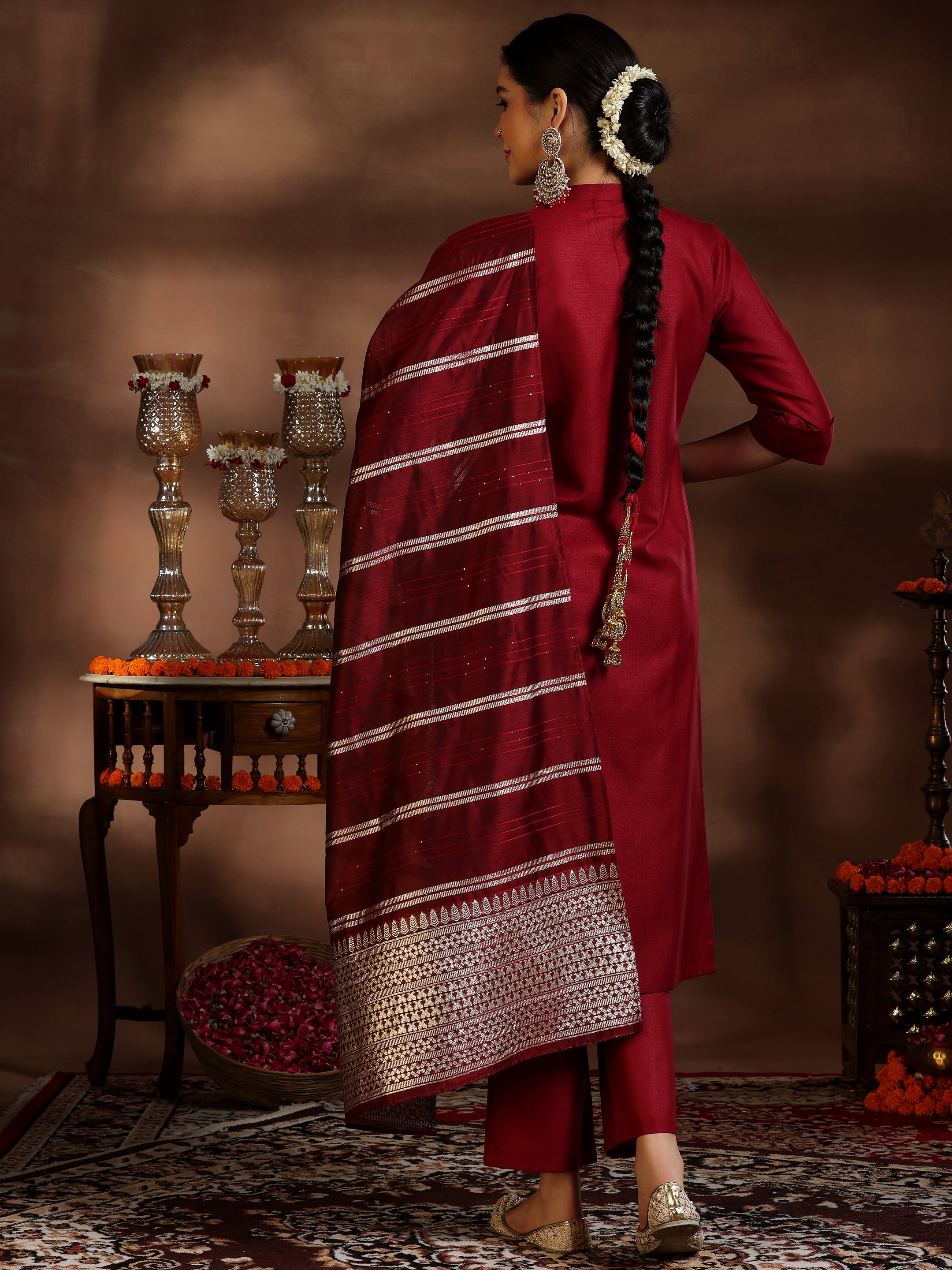 Maroon Solid Silk Blend Straight Suit With Dupatta