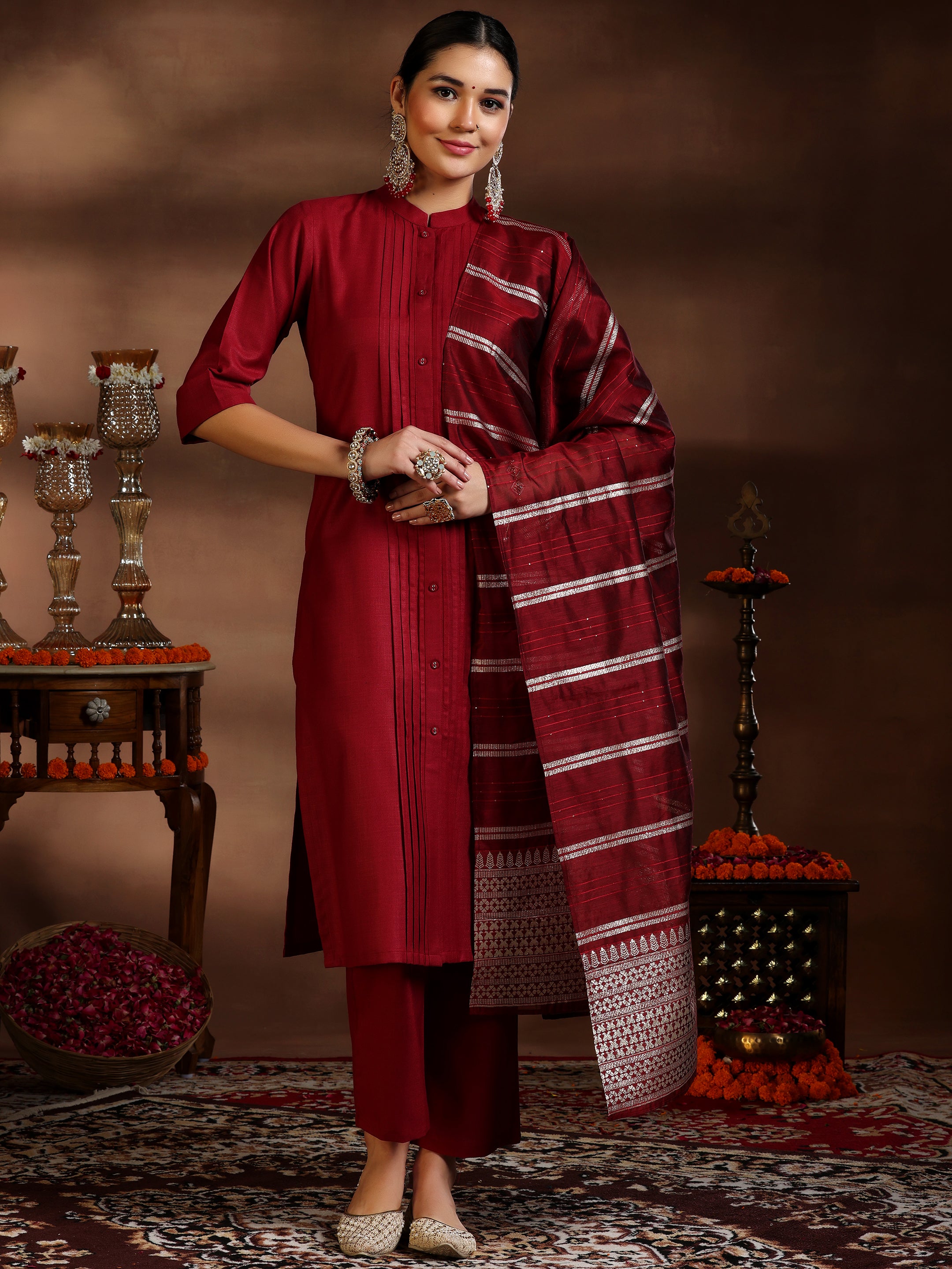 Maroon Solid Silk Blend Straight Suit With Dupatta