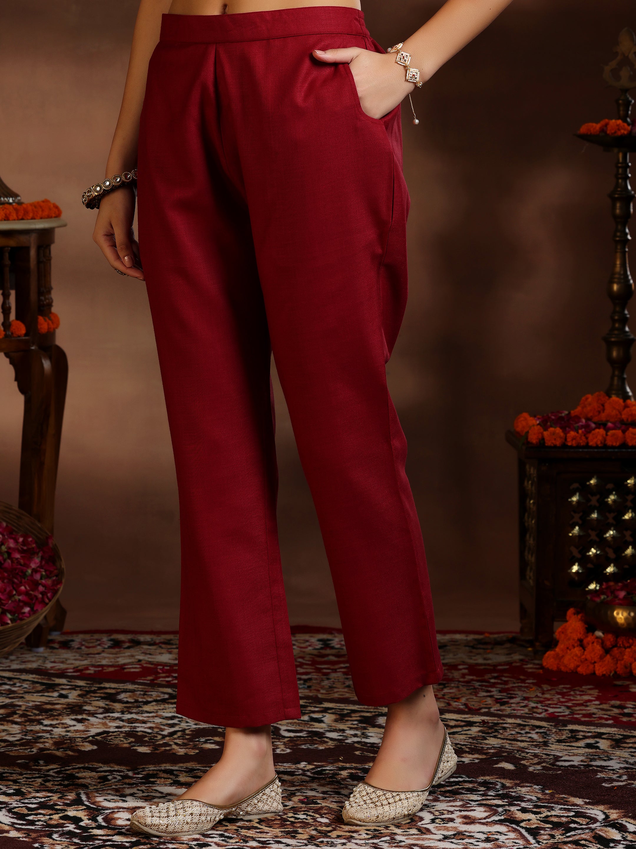 Maroon Solid Silk Blend Straight Suit With Dupatta