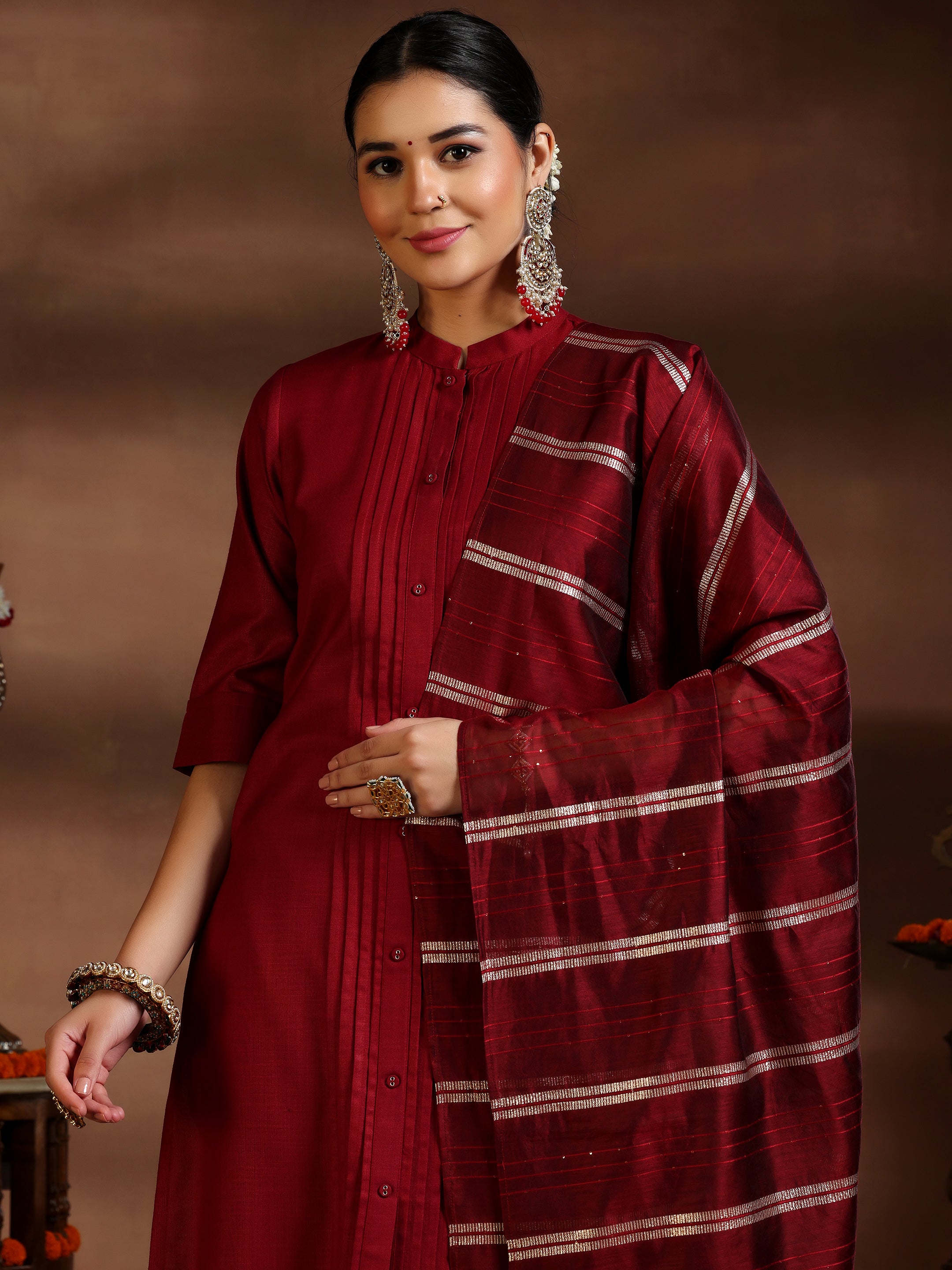 Maroon Solid Silk Blend Straight Suit With Dupatta