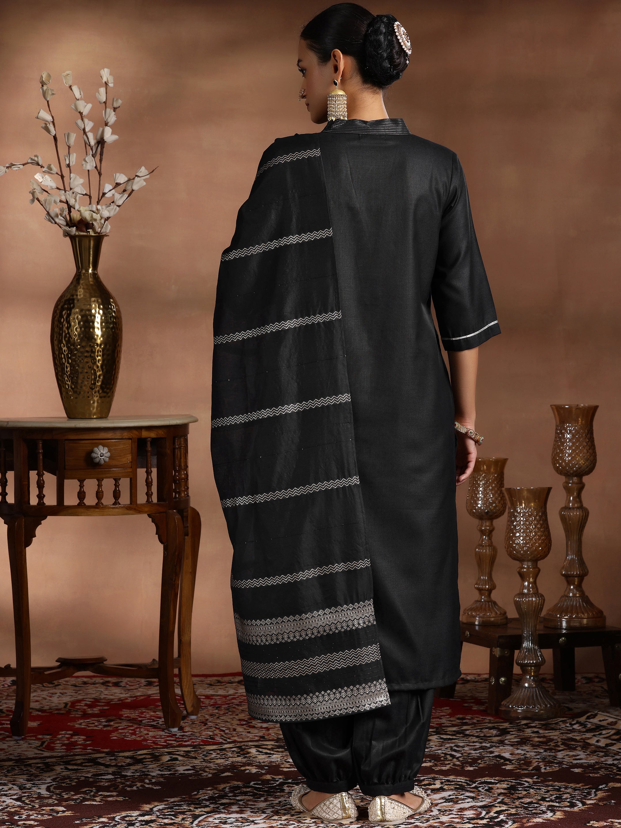 Black Solid Silk Blend Straight Suit With Dupatta