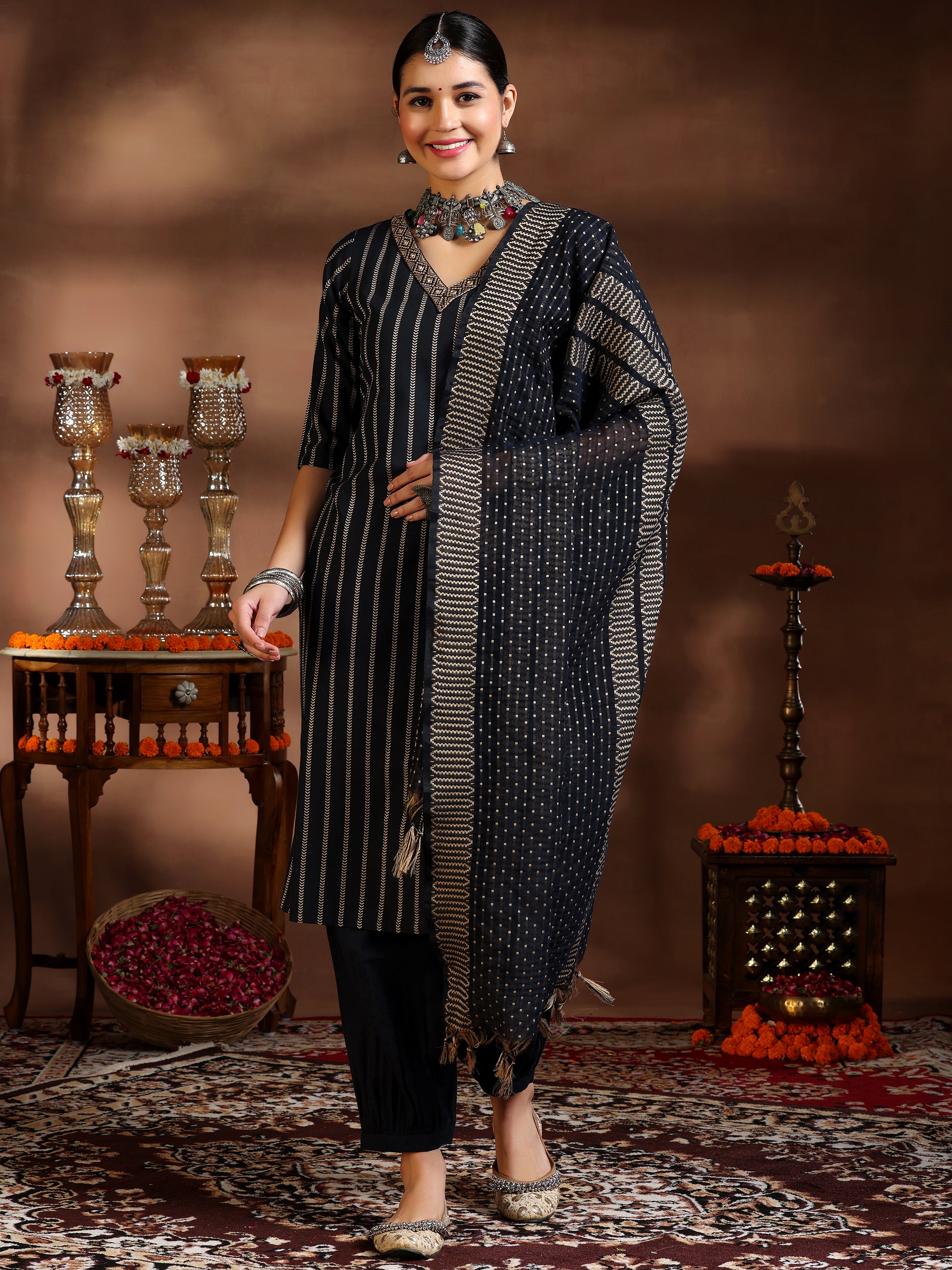 Black Woven Design Cotton Blend Straight Suit With Dupatta