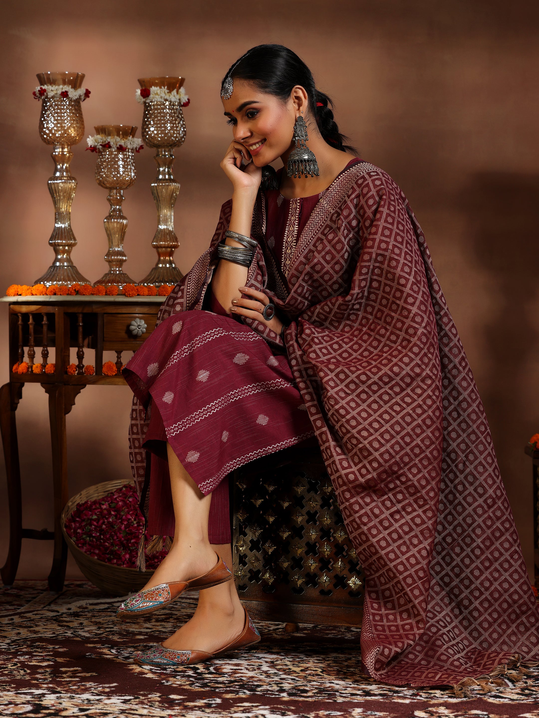 Maroon Woven Design Cotton Blend Straight Suit With Dupatta