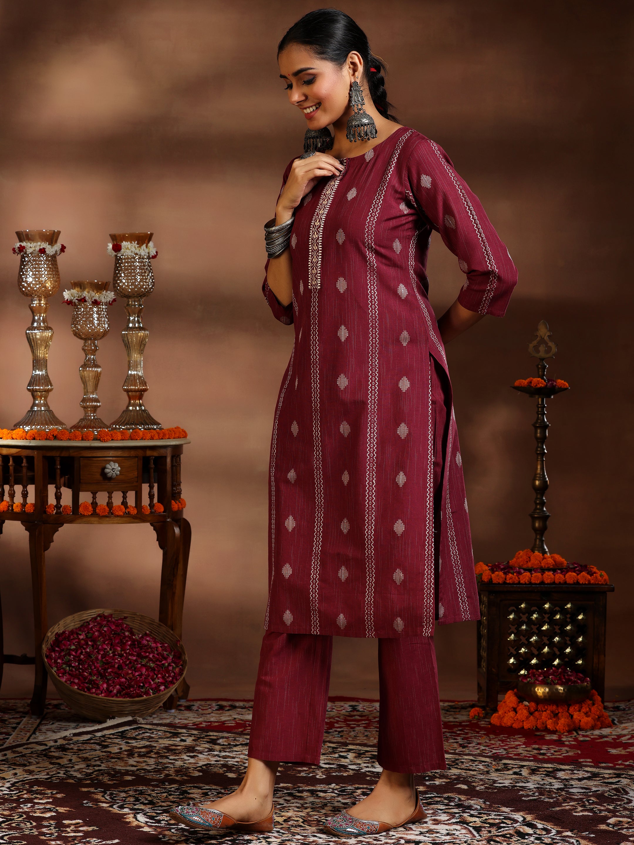 Maroon Woven Design Cotton Blend Straight Suit With Dupatta