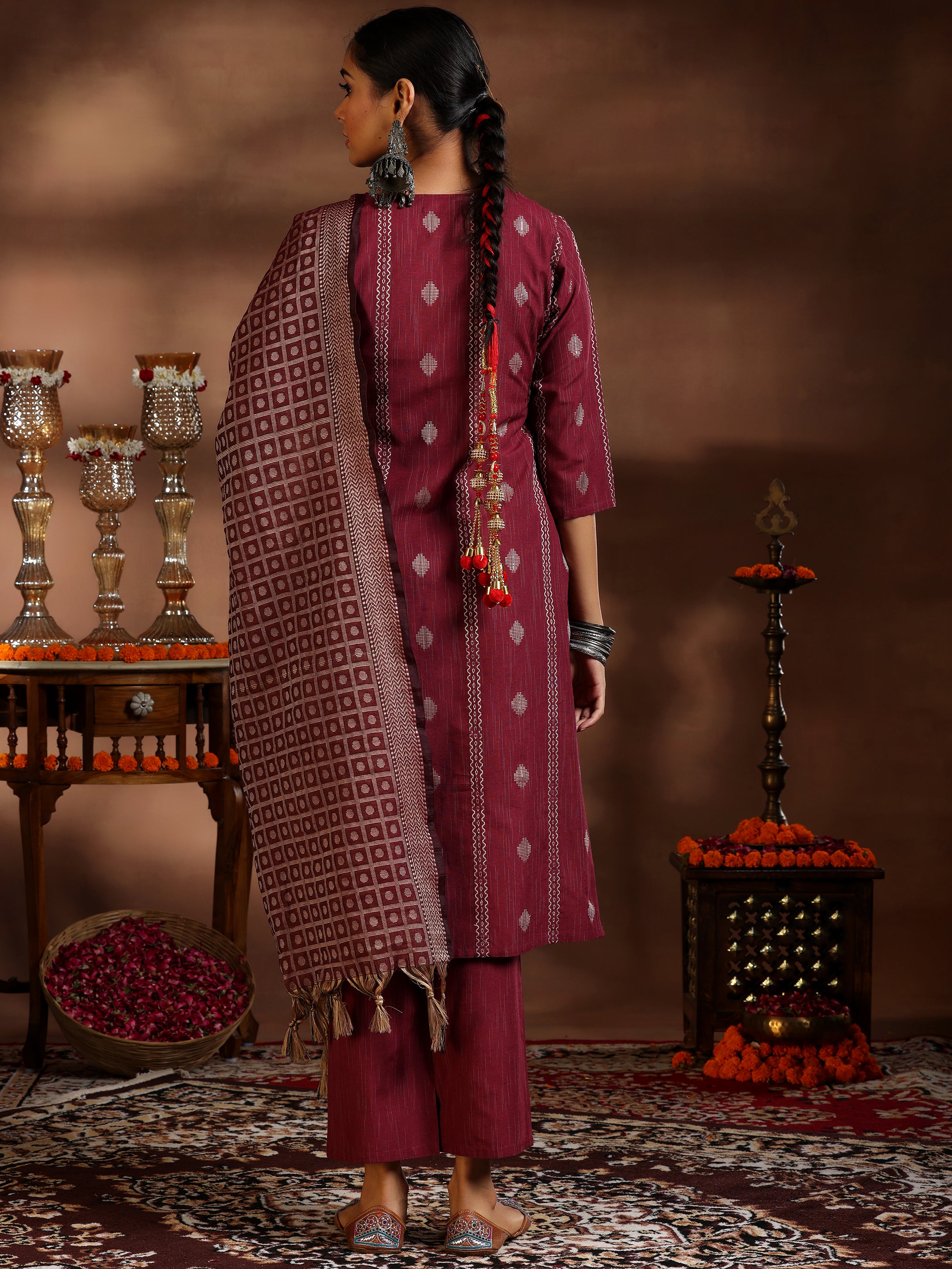 Maroon Woven Design Cotton Blend Straight Suit With Dupatta