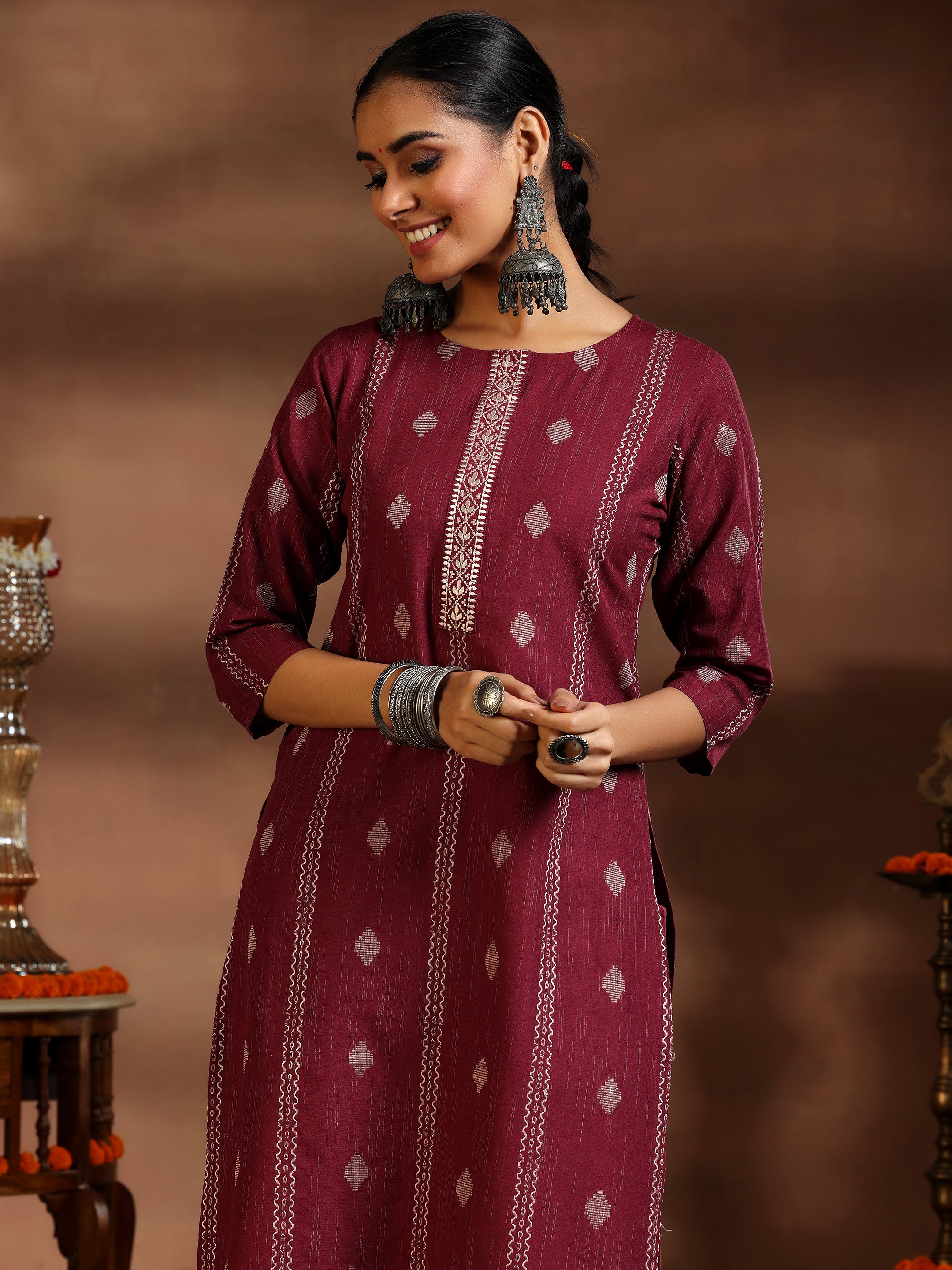 Maroon Woven Design Cotton Blend Straight Suit With Dupatta