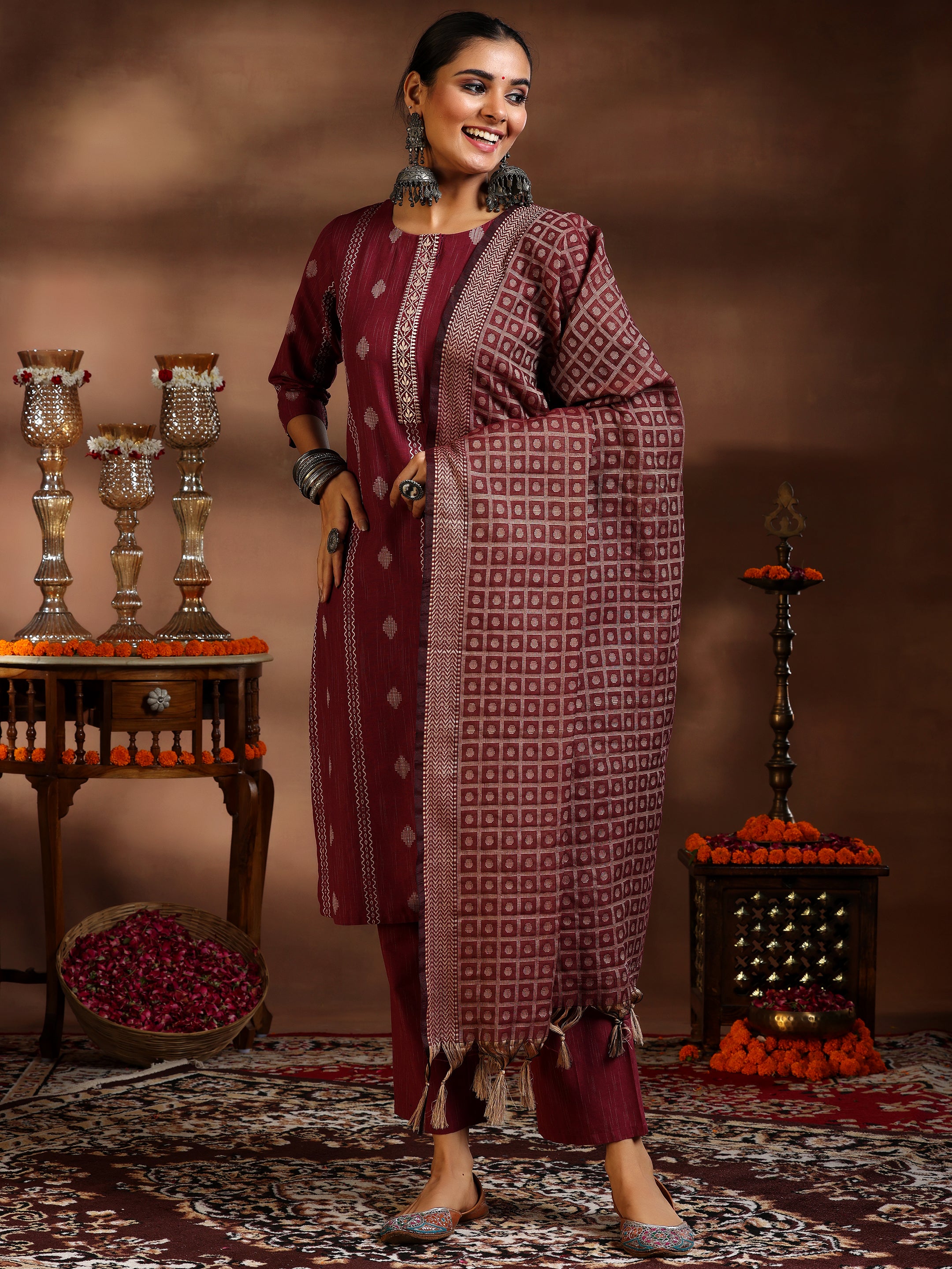 Maroon Woven Design Cotton Blend Straight Suit With Dupatta