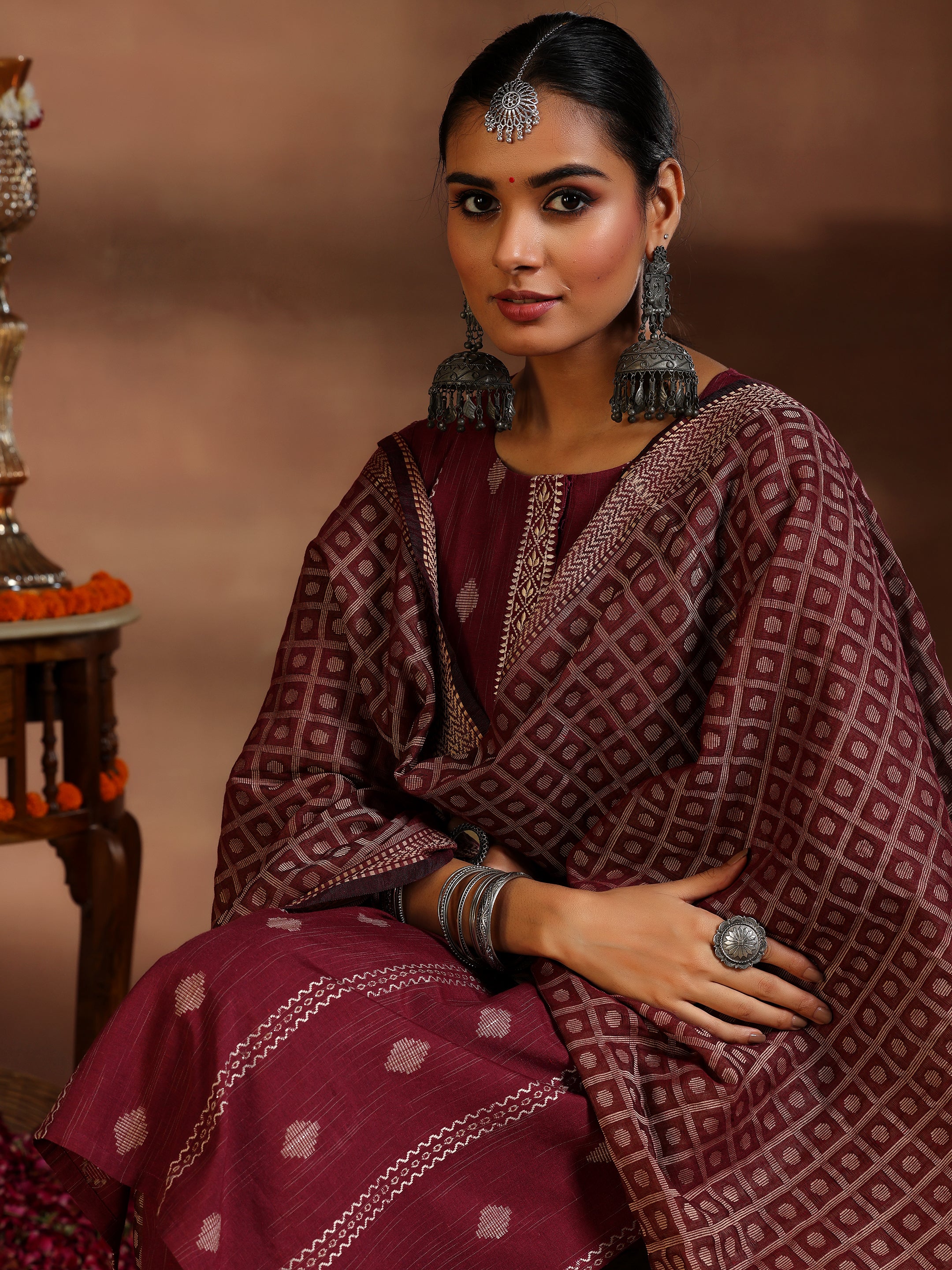 Maroon Woven Design Cotton Blend Straight Suit With Dupatta