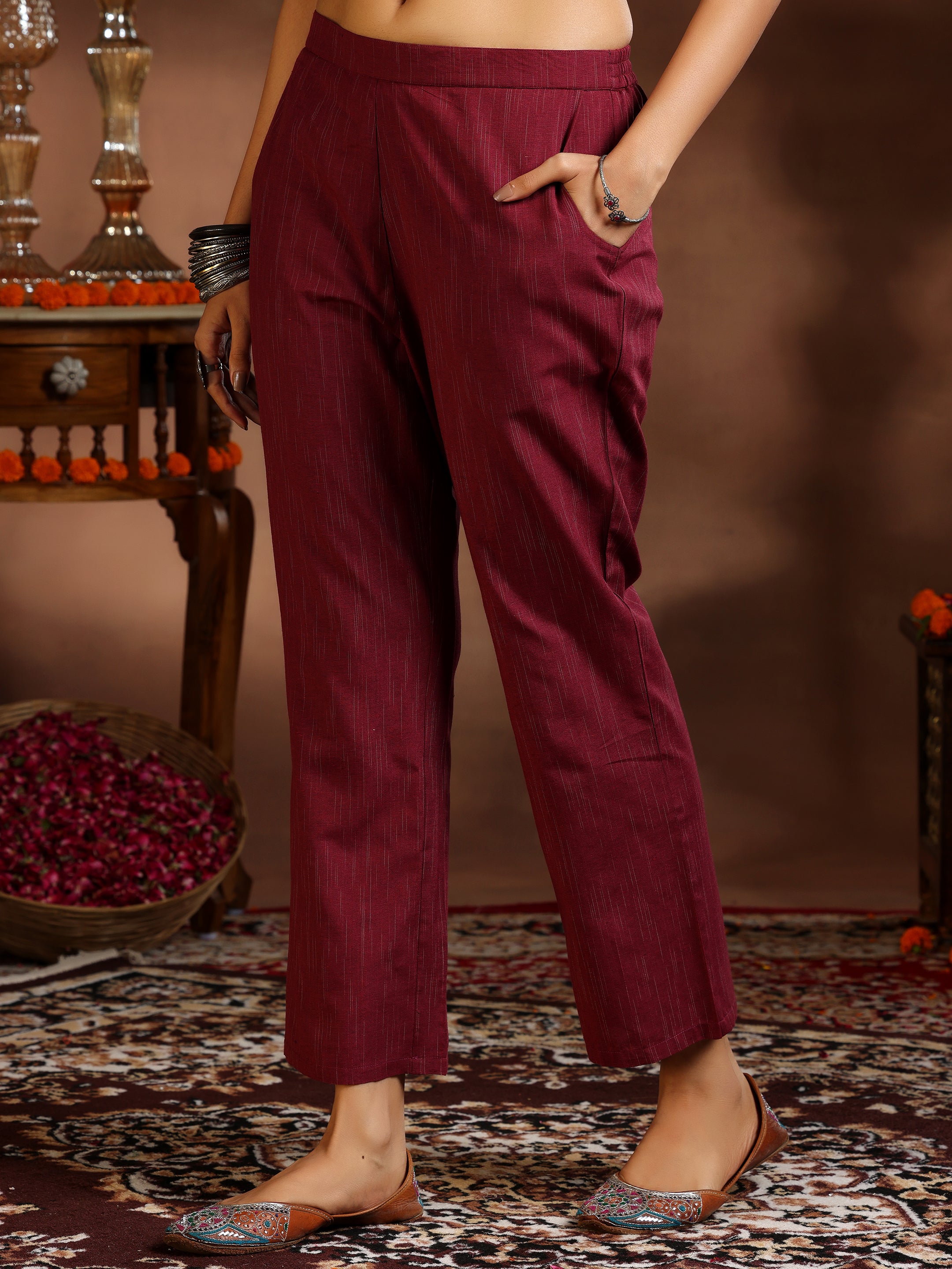 Maroon Woven Design Cotton Blend Straight Suit With Dupatta