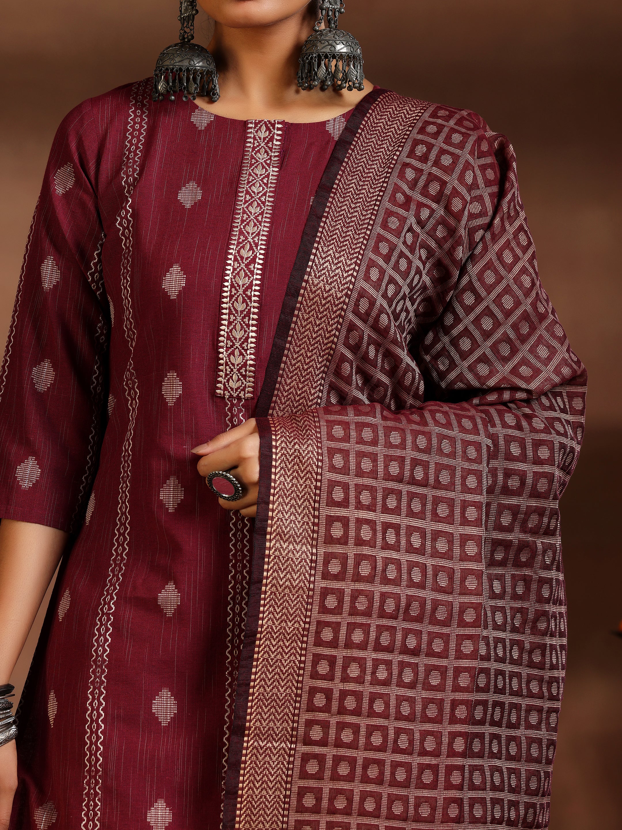 Maroon Woven Design Cotton Blend Straight Suit With Dupatta