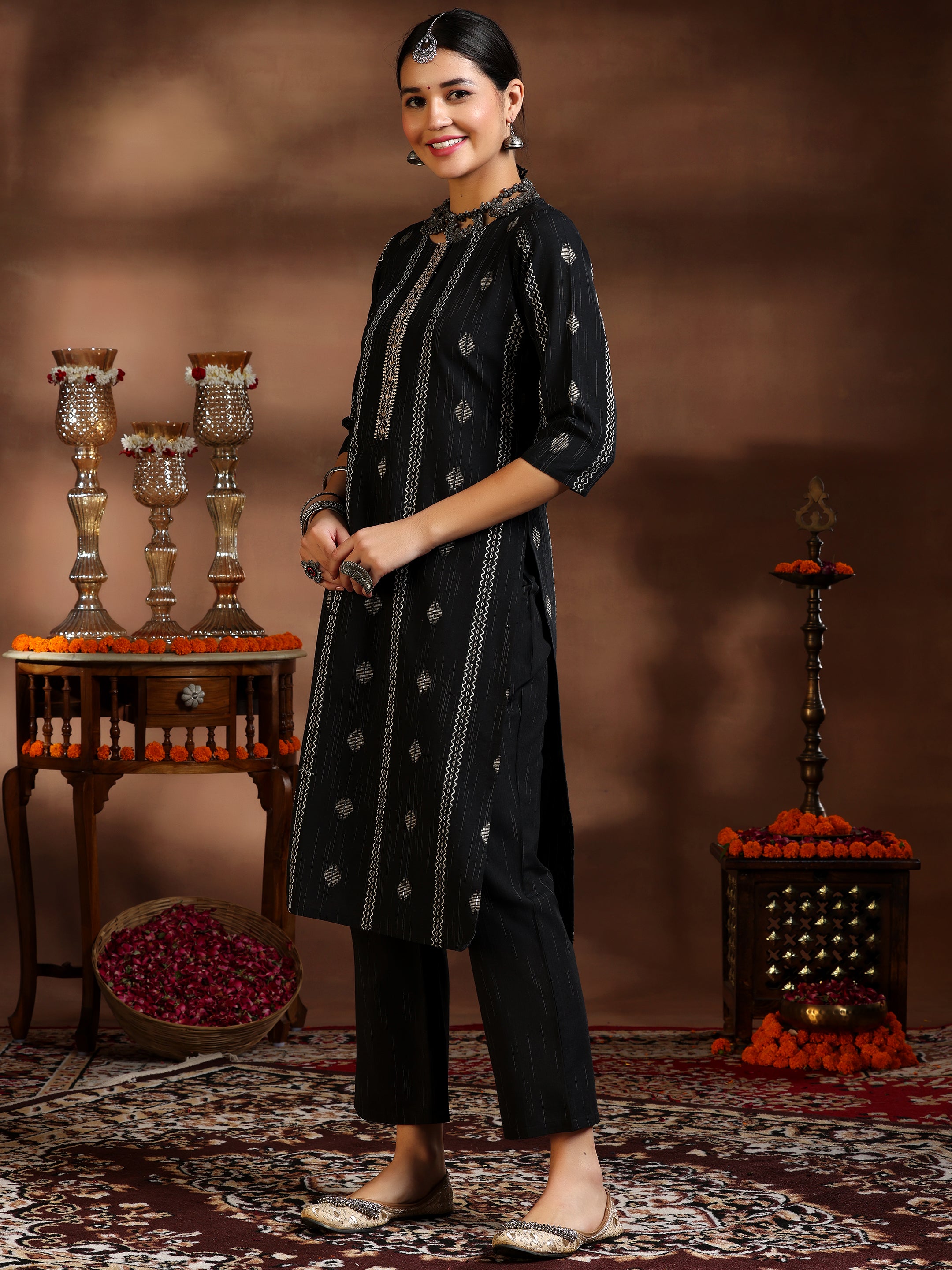 Black Woven Design Cotton Blend Straight Suit With Dupatta