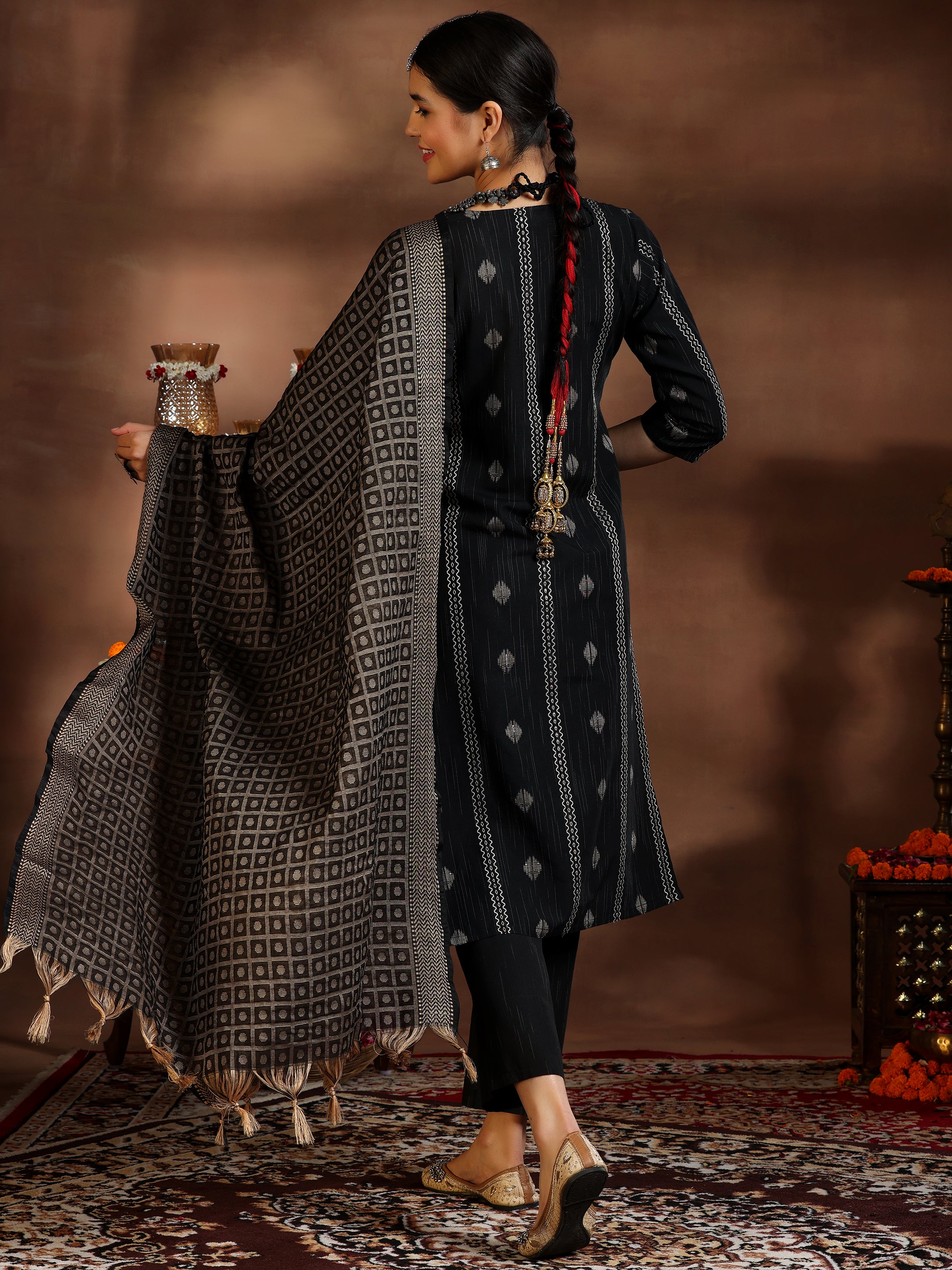 Black Woven Design Cotton Blend Straight Suit With Dupatta