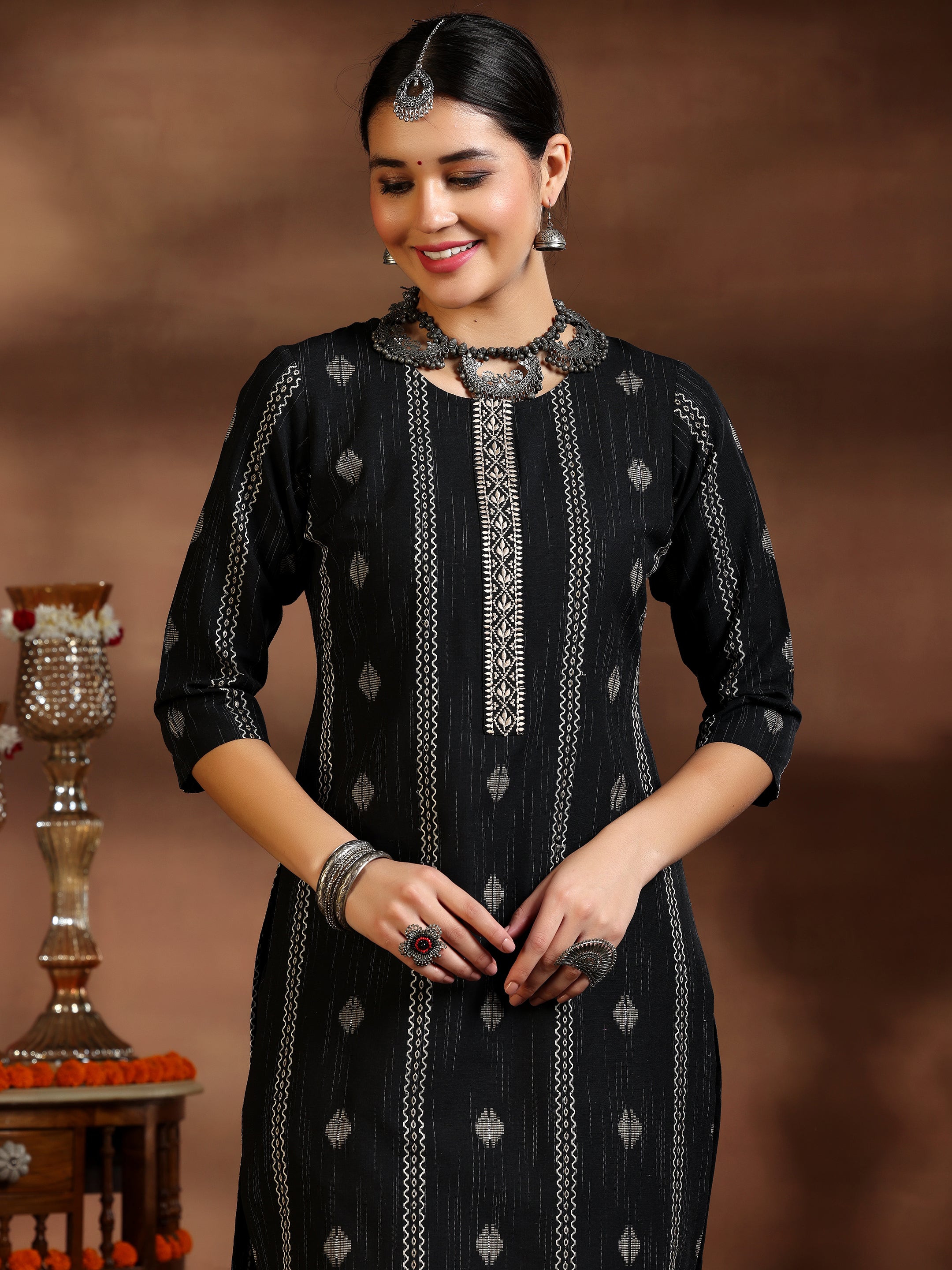 Black Woven Design Cotton Blend Straight Suit With Dupatta