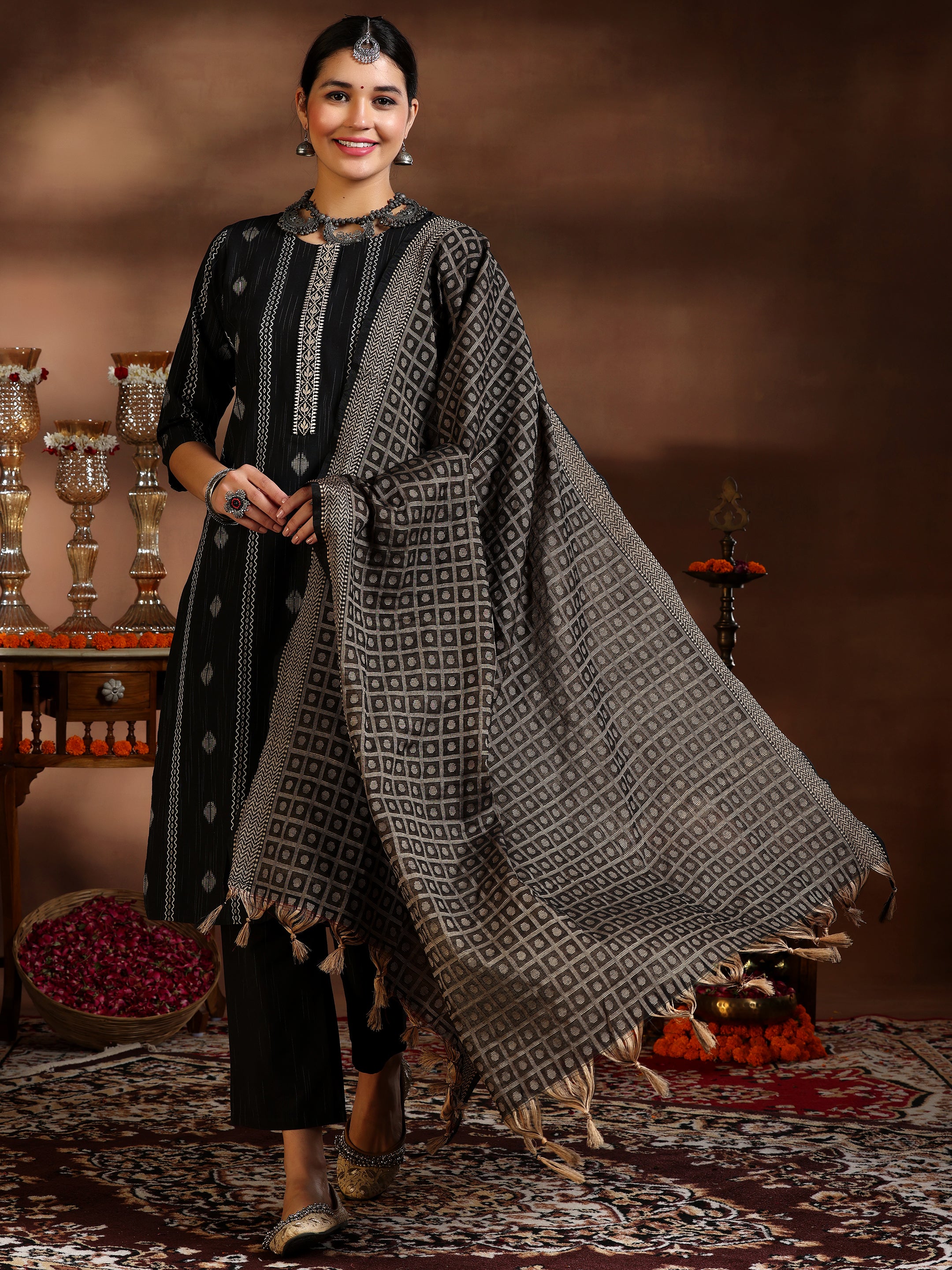 Black Woven Design Cotton Blend Straight Suit With Dupatta