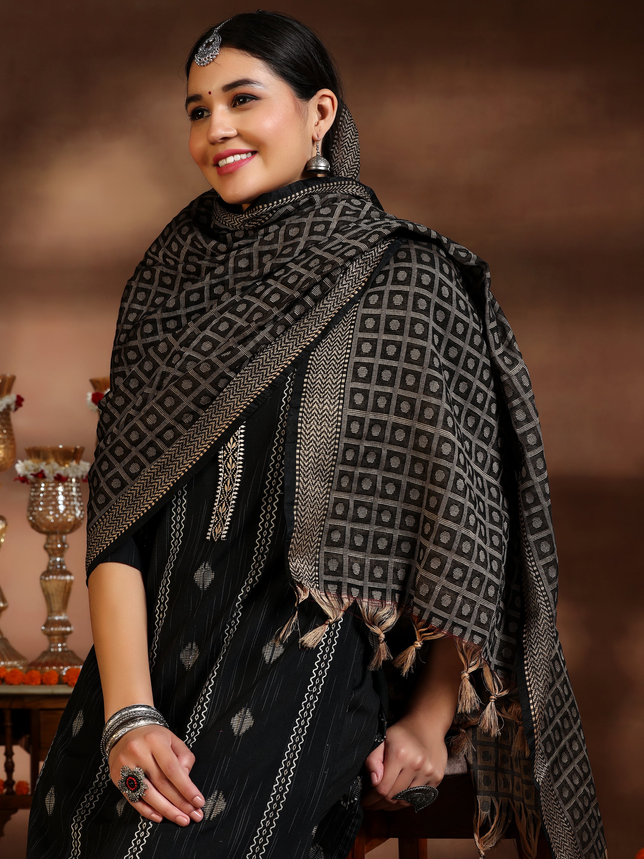 Black Woven Design Cotton Blend Straight Suit With Dupatta