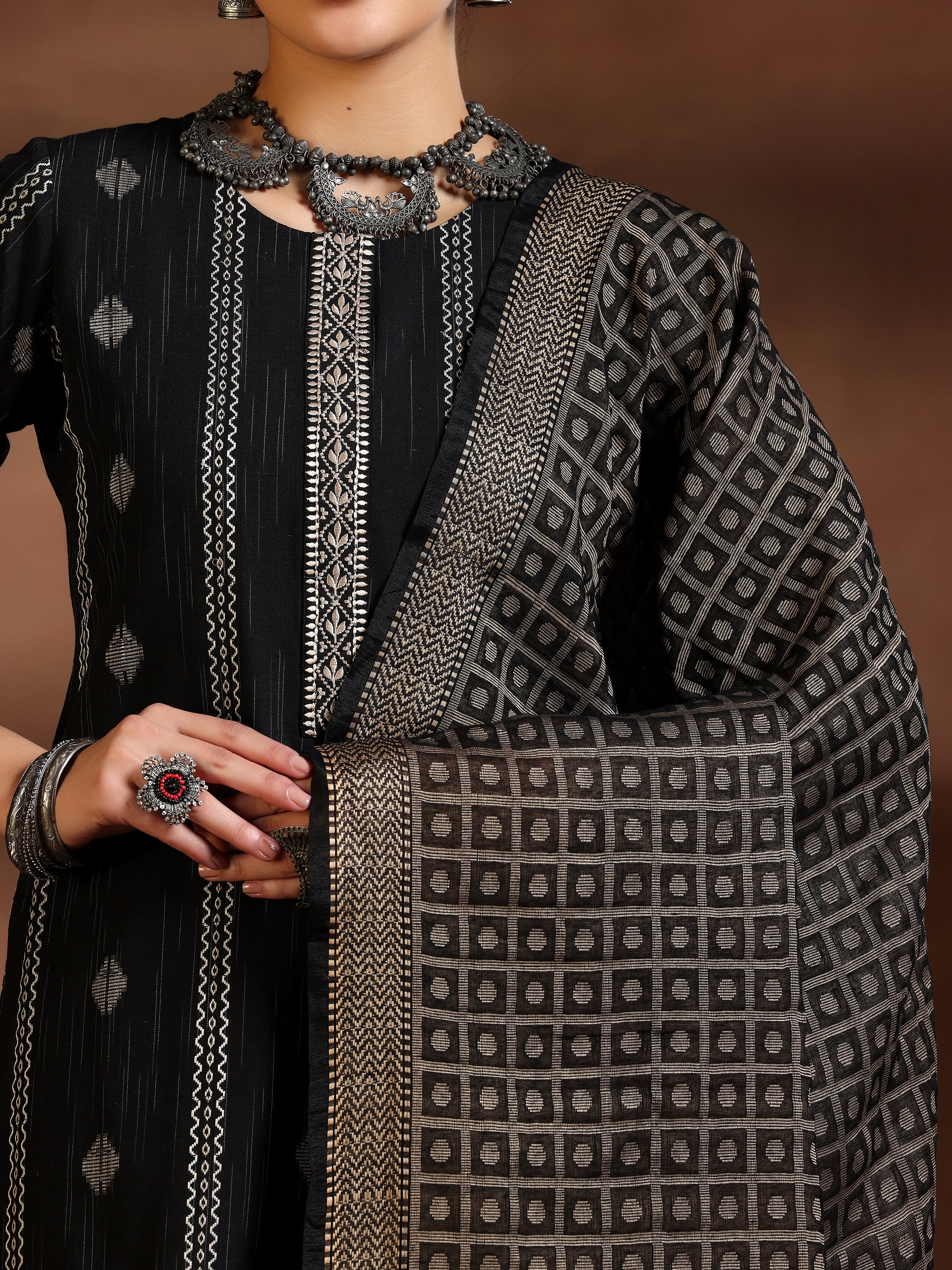 Black Woven Design Cotton Blend Straight Suit With Dupatta