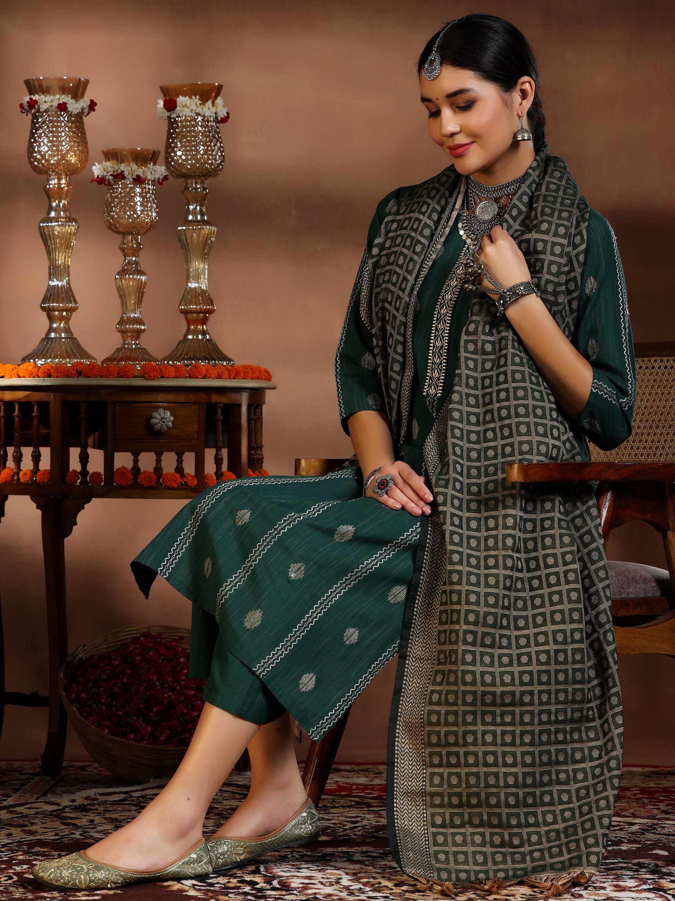 Green Woven Design Cotton Blend Straight Suit With Dupatta