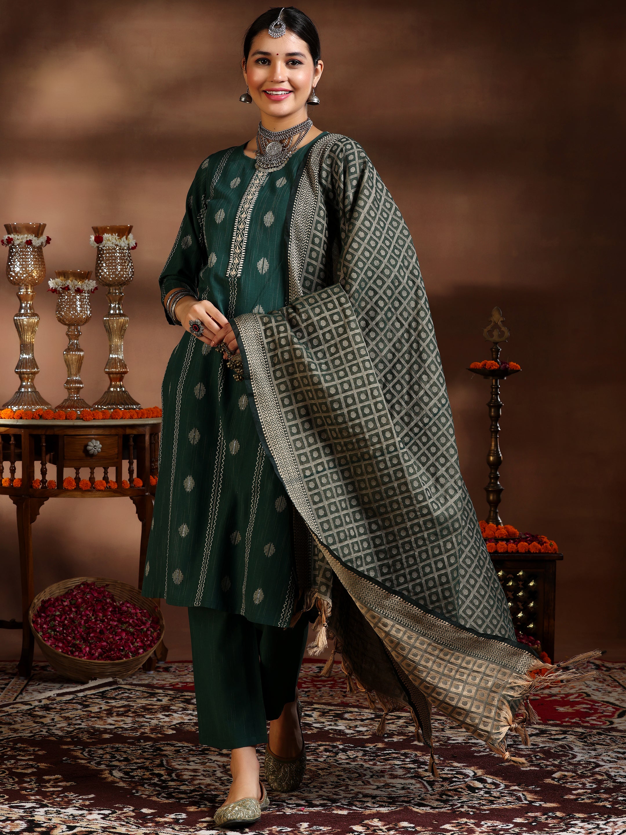 Green Woven Design Cotton Blend Straight Suit With Dupatta