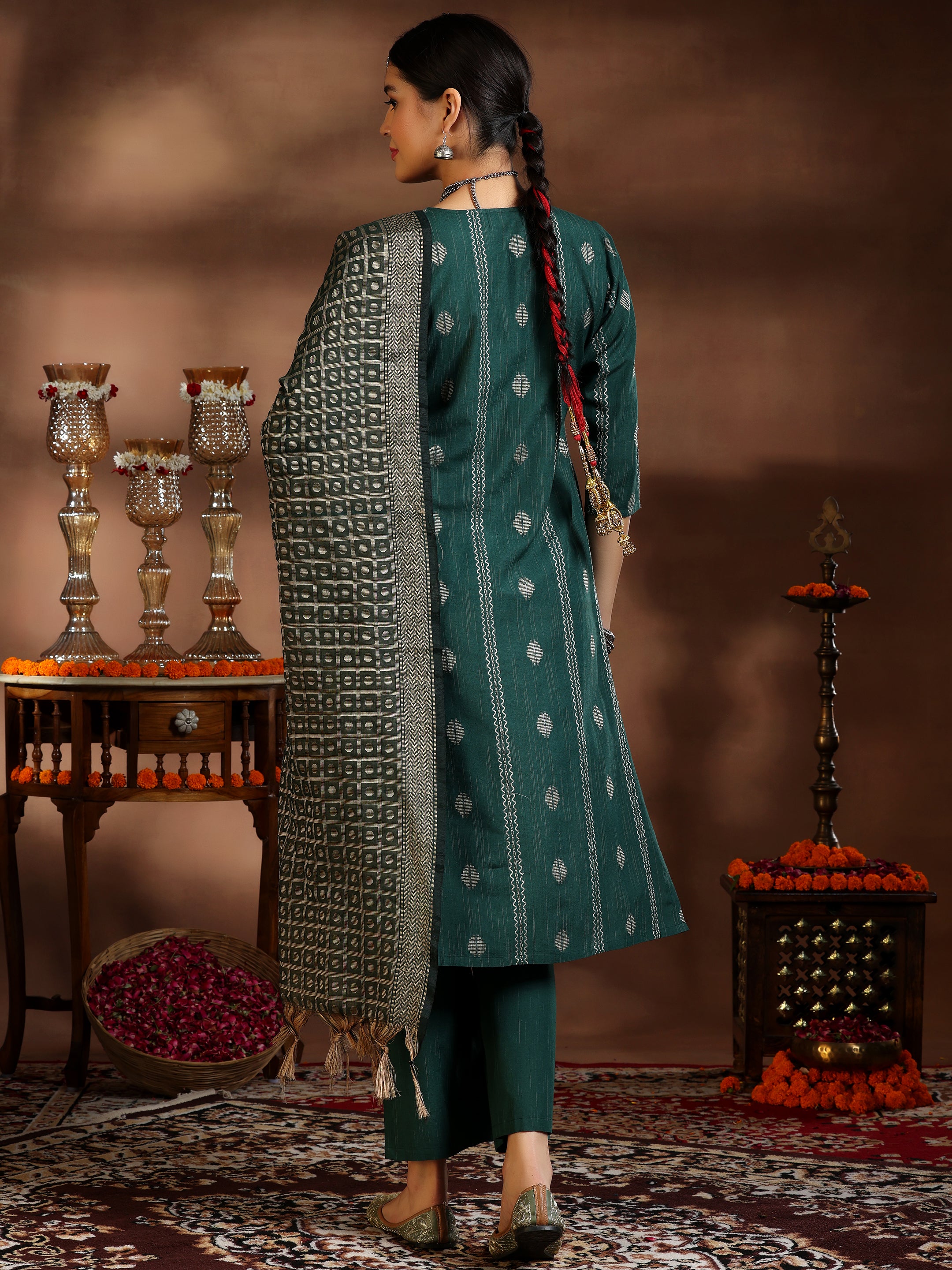 Green Woven Design Cotton Blend Straight Suit With Dupatta