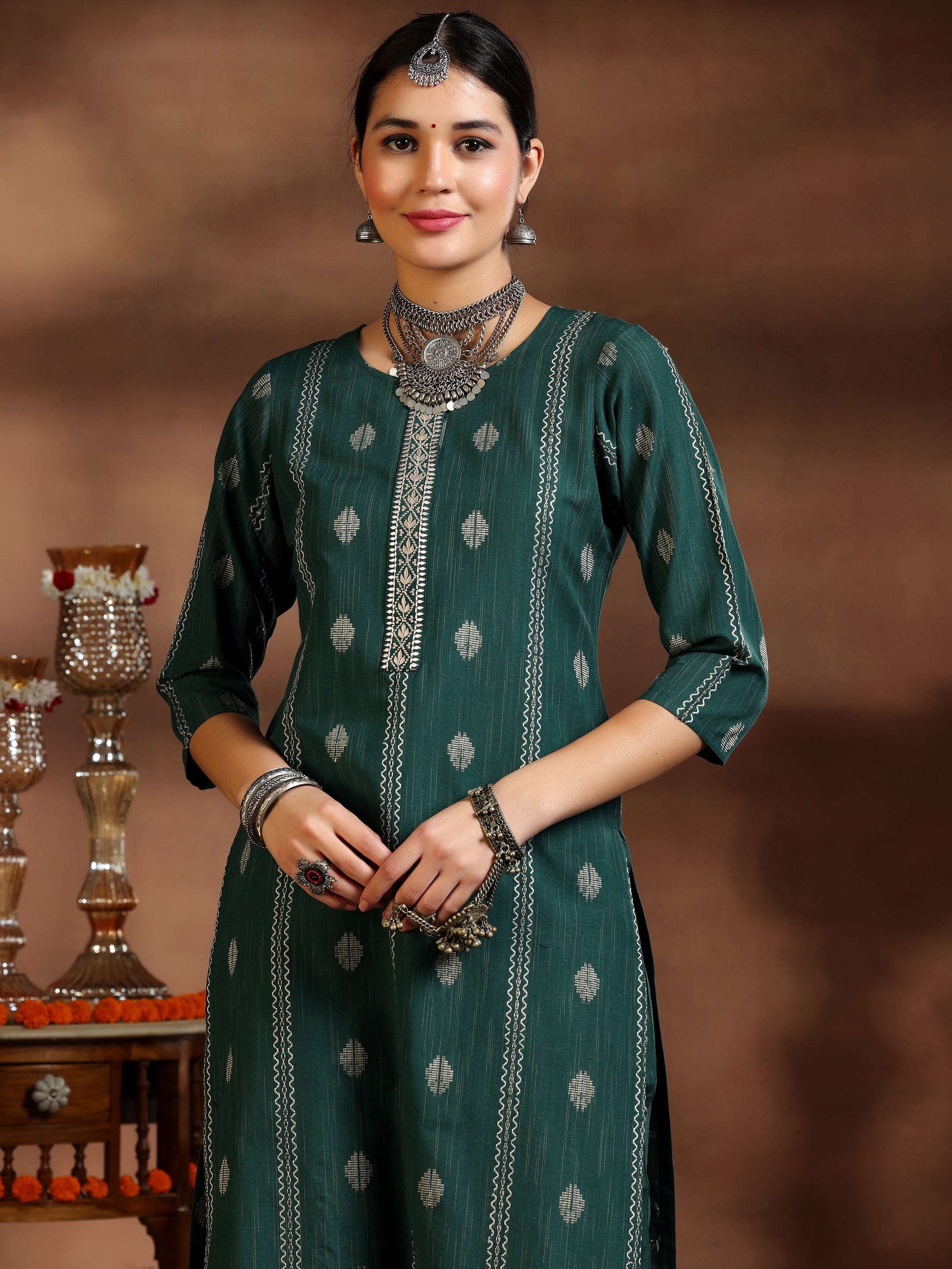 Green Woven Design Cotton Blend Straight Suit With Dupatta