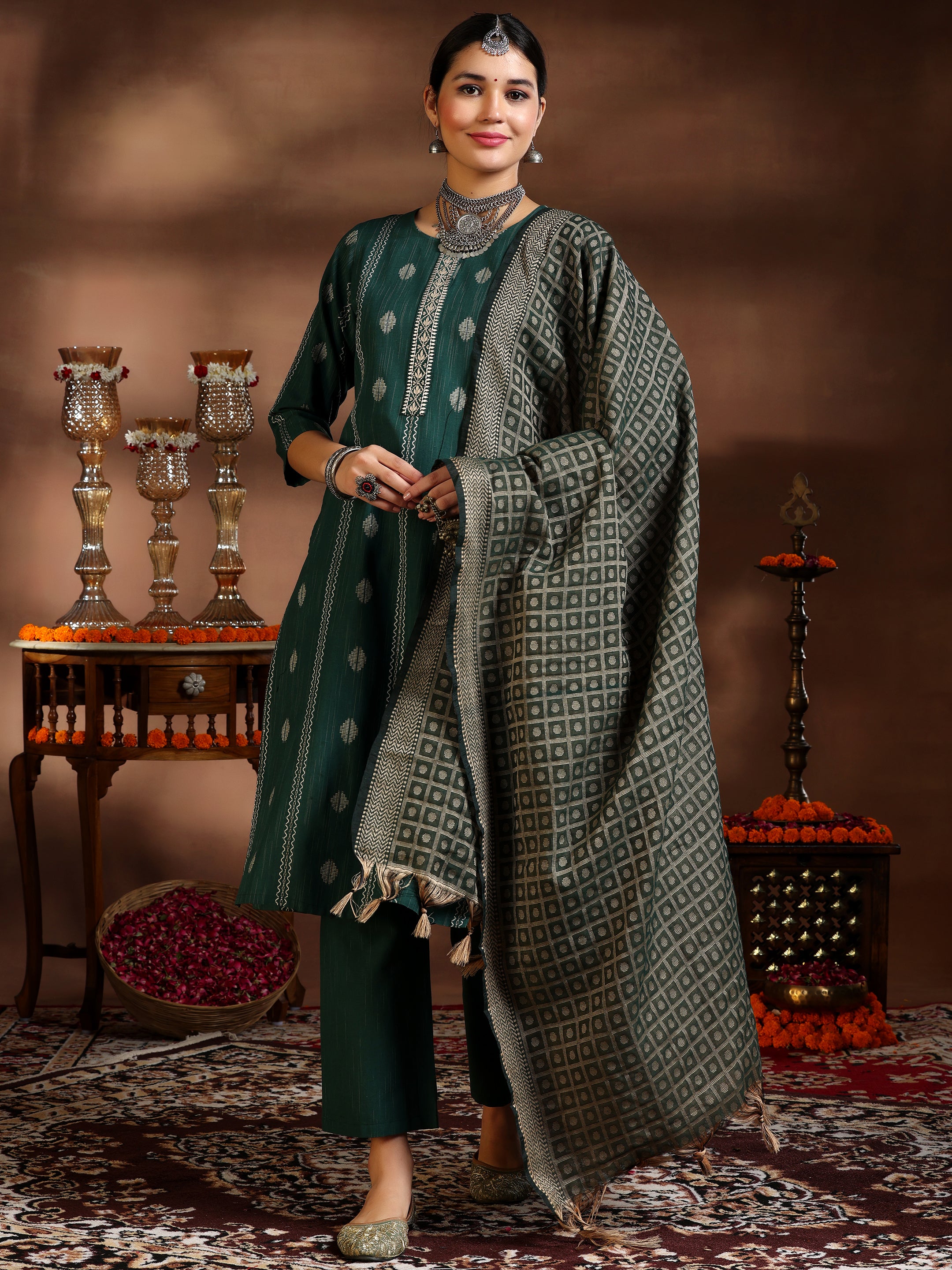 Green Woven Design Cotton Blend Straight Suit With Dupatta