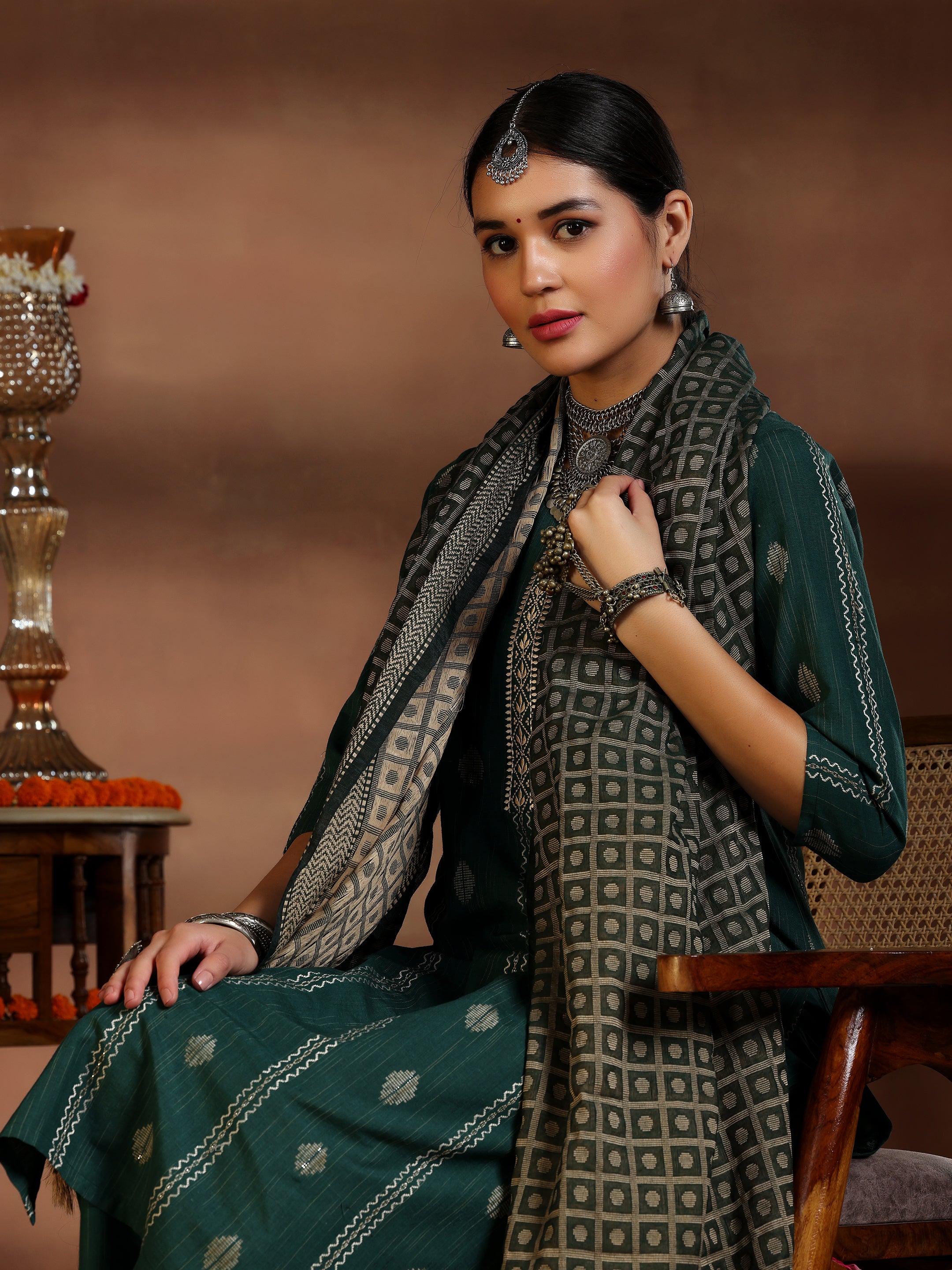 Green Woven Design Cotton Blend Straight Suit With Dupatta