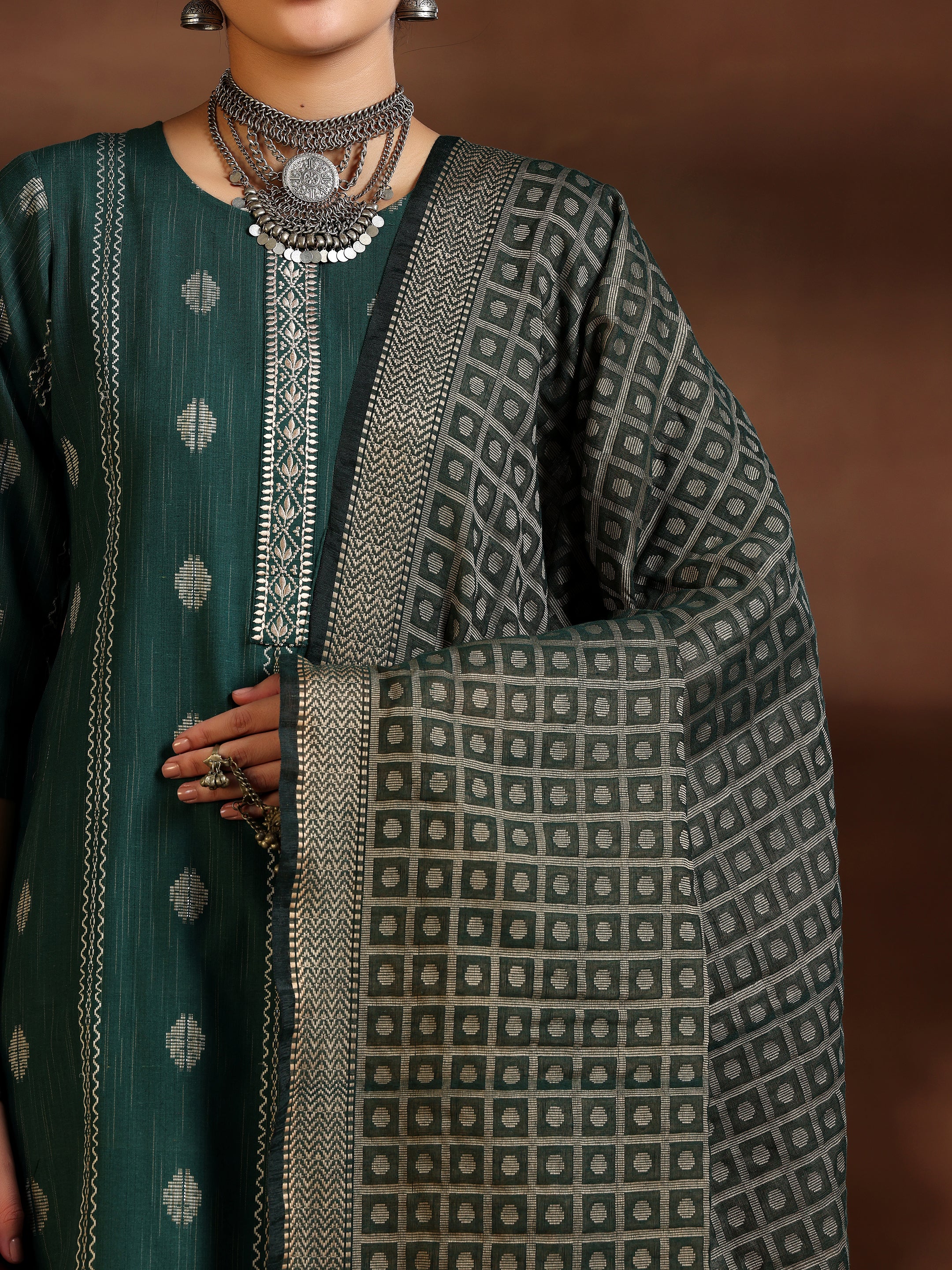 Green Woven Design Cotton Blend Straight Suit With Dupatta