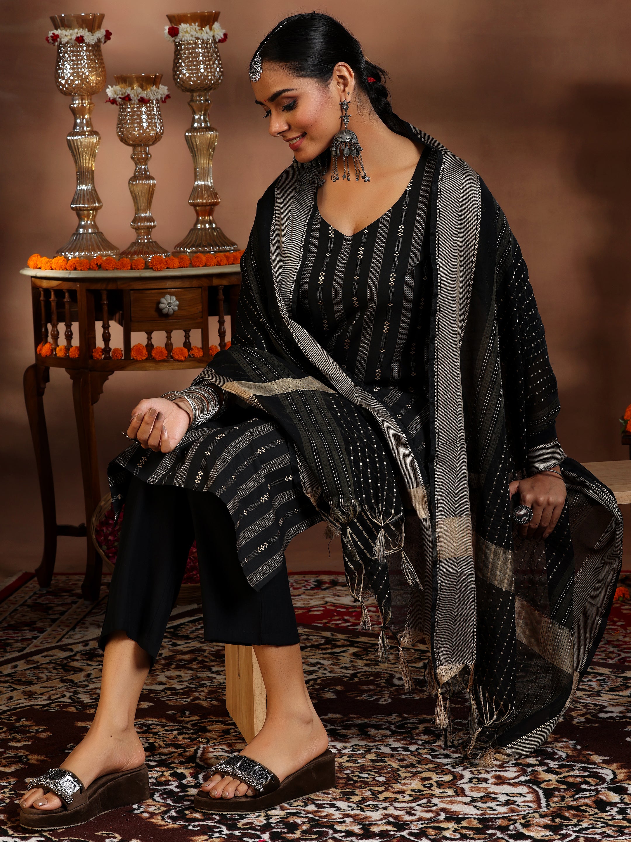 Black Woven Design Cotton Blend Straight Suit With Dupatta