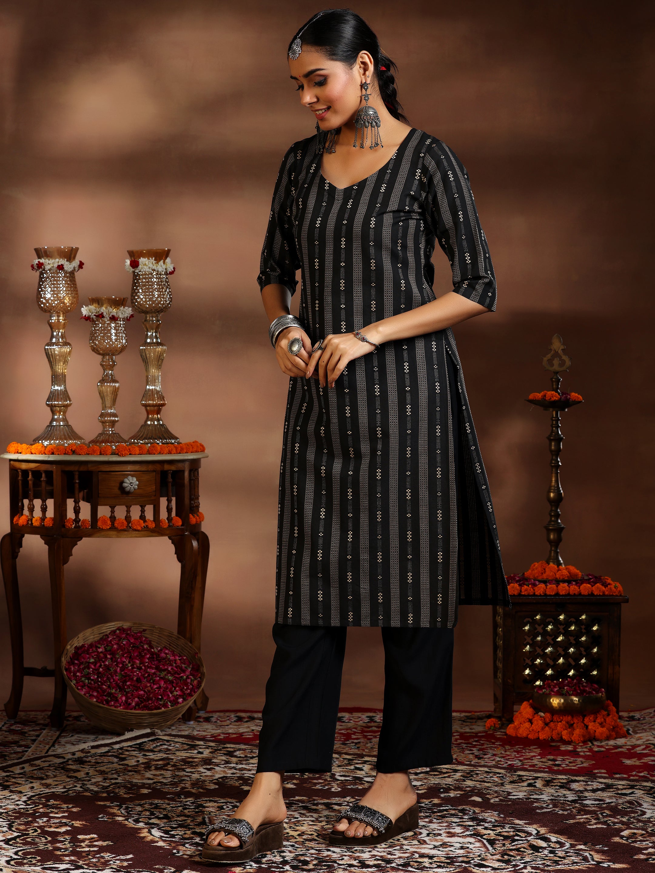 Black Woven Design Cotton Blend Straight Suit With Dupatta