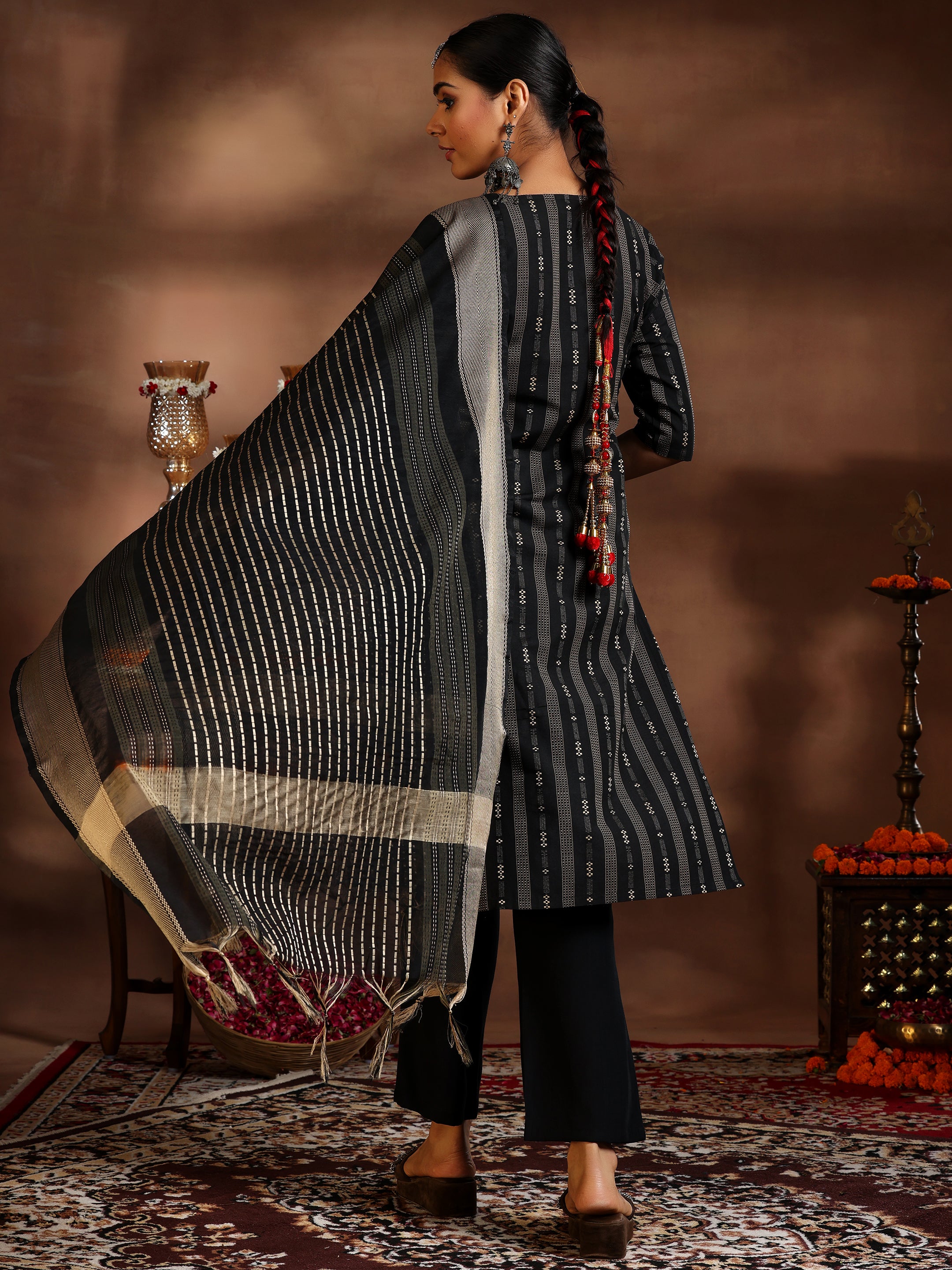 Black Woven Design Cotton Blend Straight Suit With Dupatta