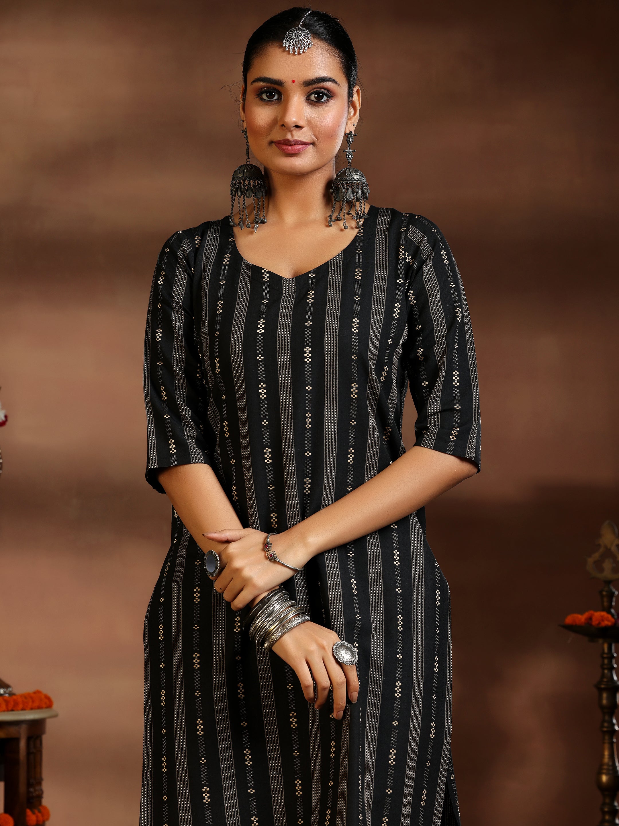 Black Woven Design Cotton Blend Straight Suit With Dupatta