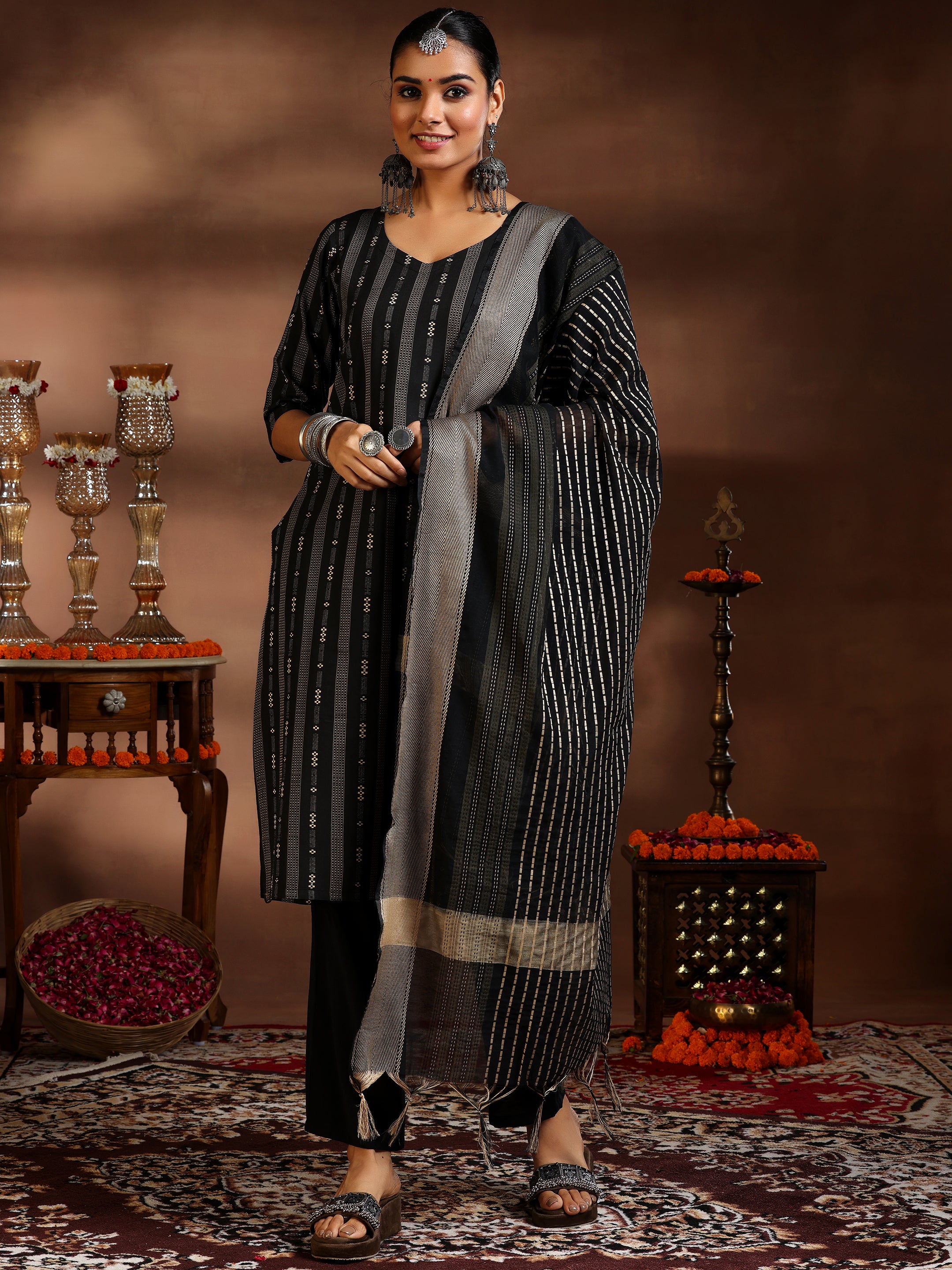 Black Woven Design Cotton Blend Straight Suit With Dupatta