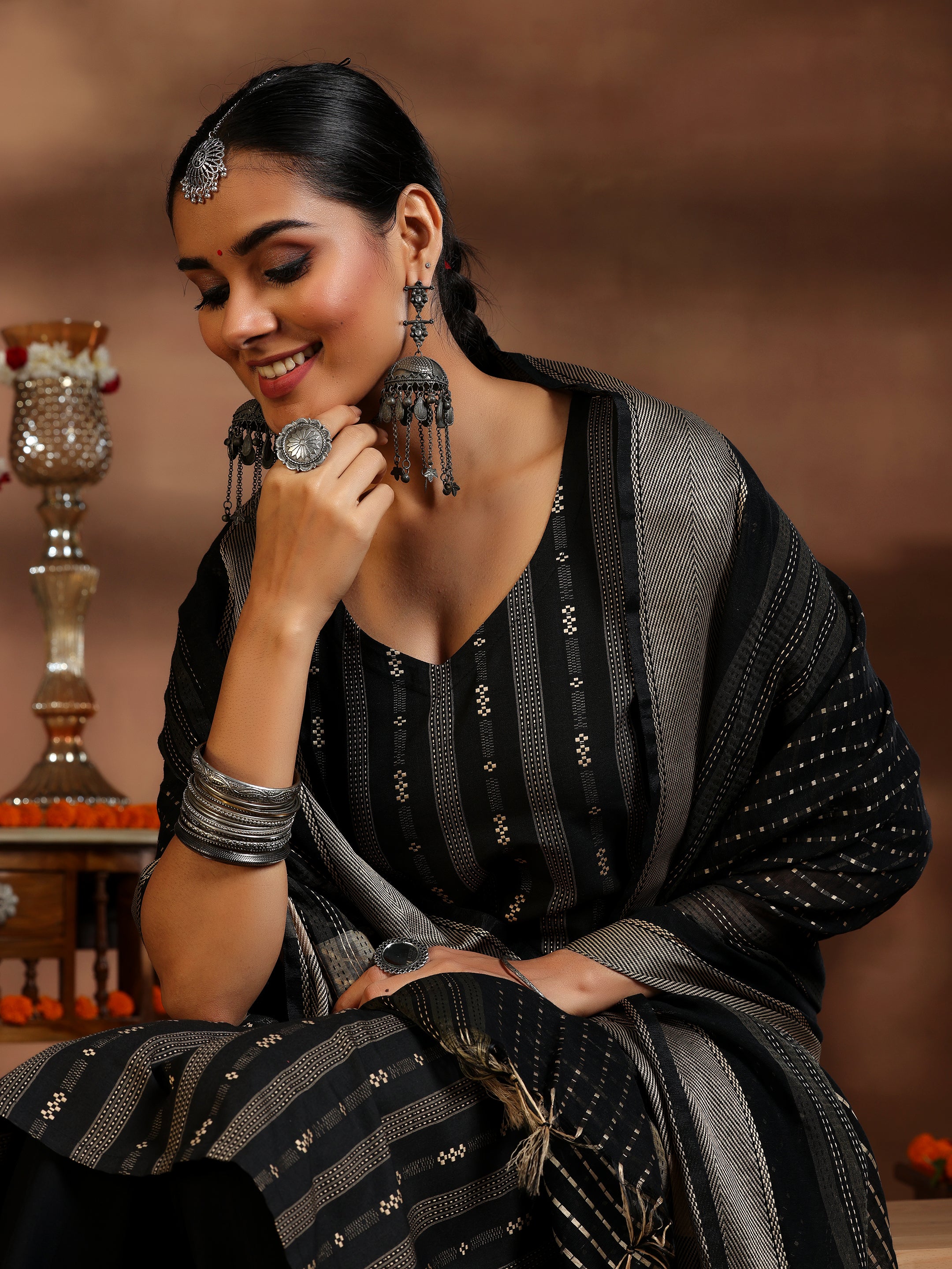 Black Woven Design Cotton Blend Straight Suit With Dupatta