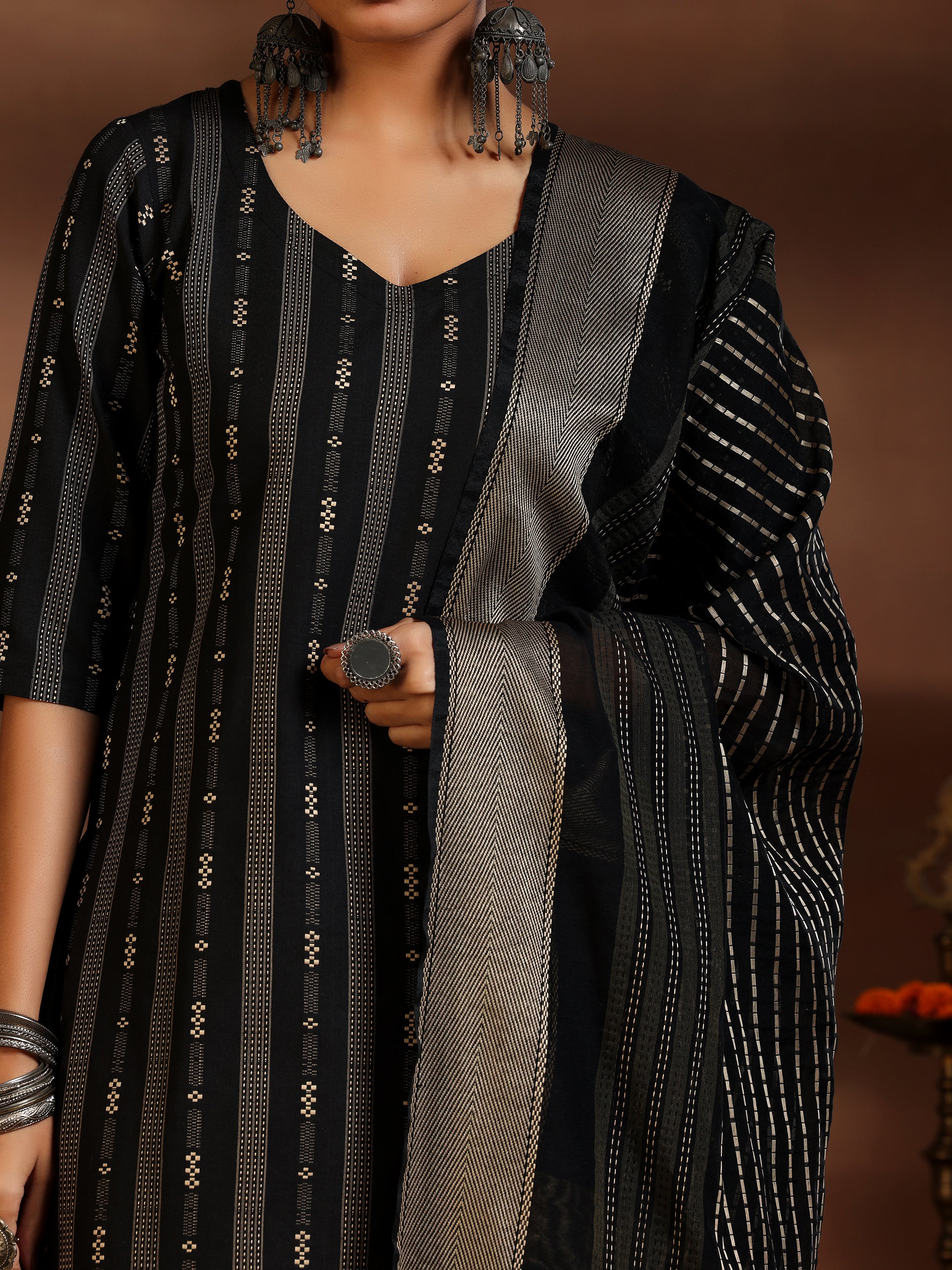 Black Woven Design Cotton Blend Straight Suit With Dupatta