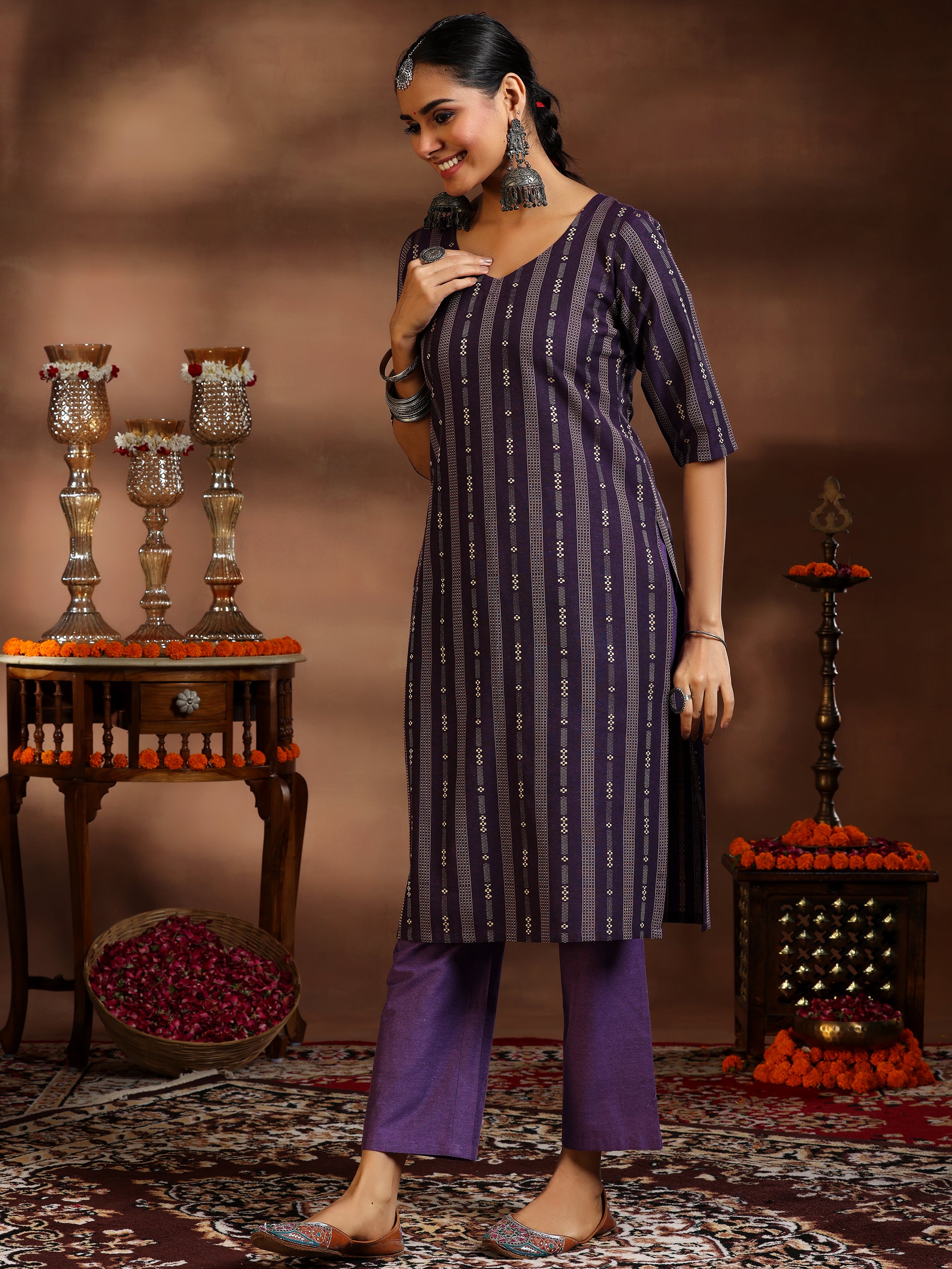 Purple Woven Design Cotton Blend Straight Suit With Dupatta