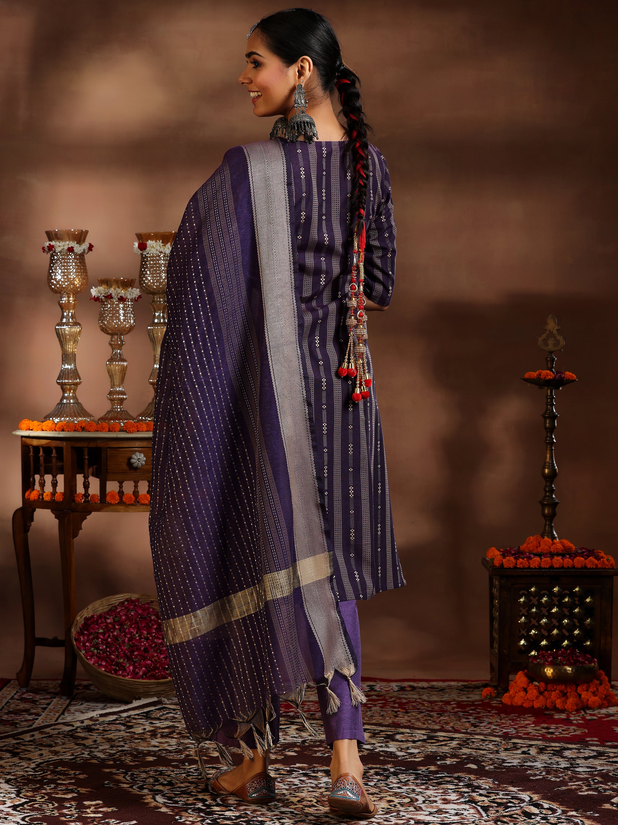 Purple Woven Design Cotton Blend Straight Suit With Dupatta