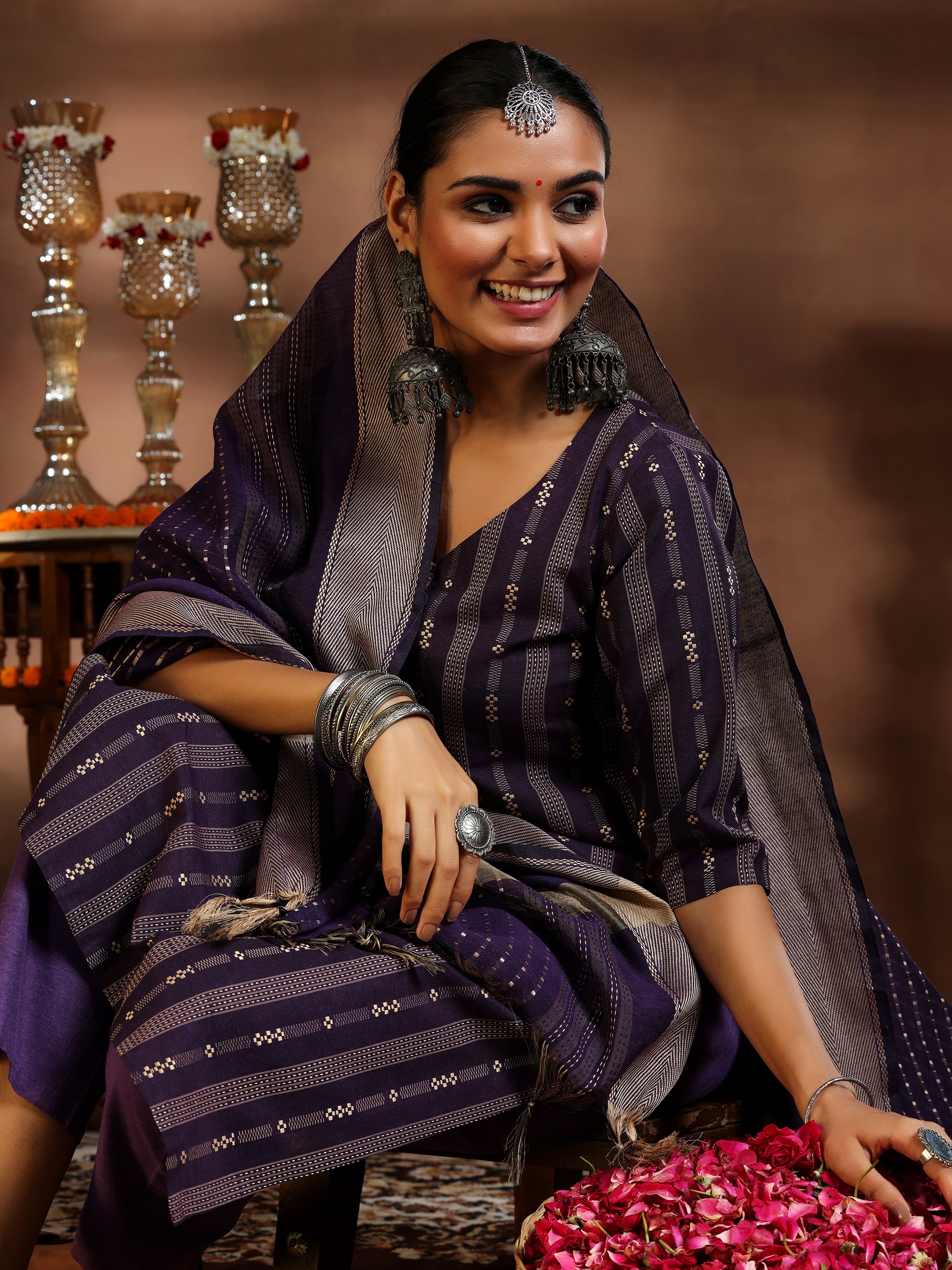 Purple Woven Design Cotton Blend Straight Suit With Dupatta