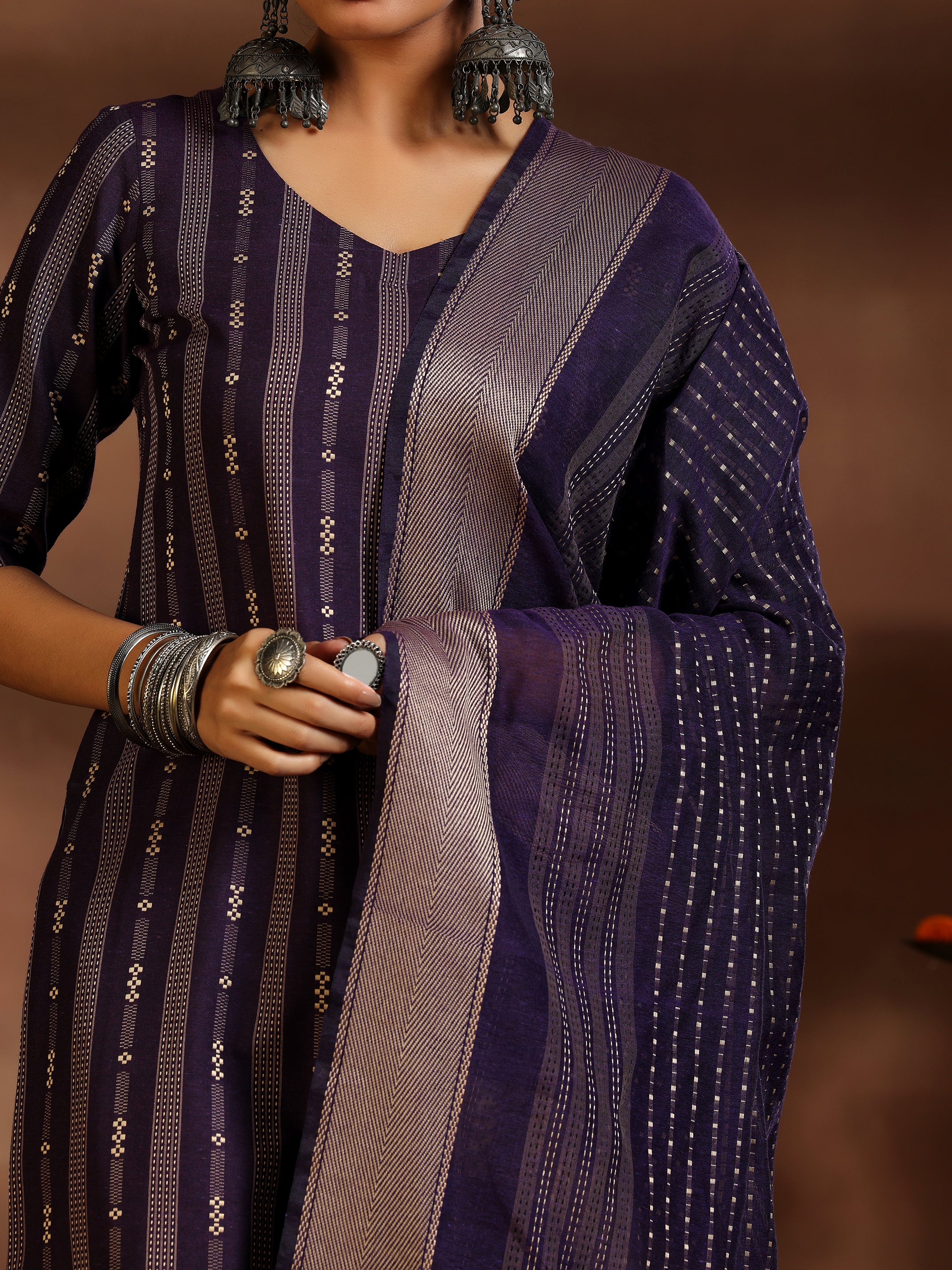 Purple Woven Design Cotton Blend Straight Suit With Dupatta