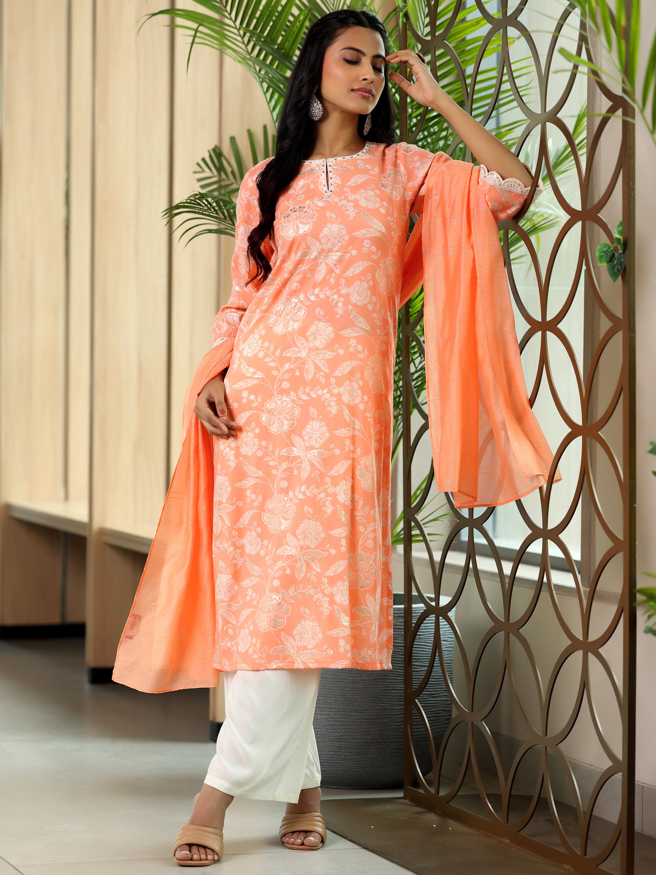 Orange Printed Cotton Blend Straight Suit With Dupatta