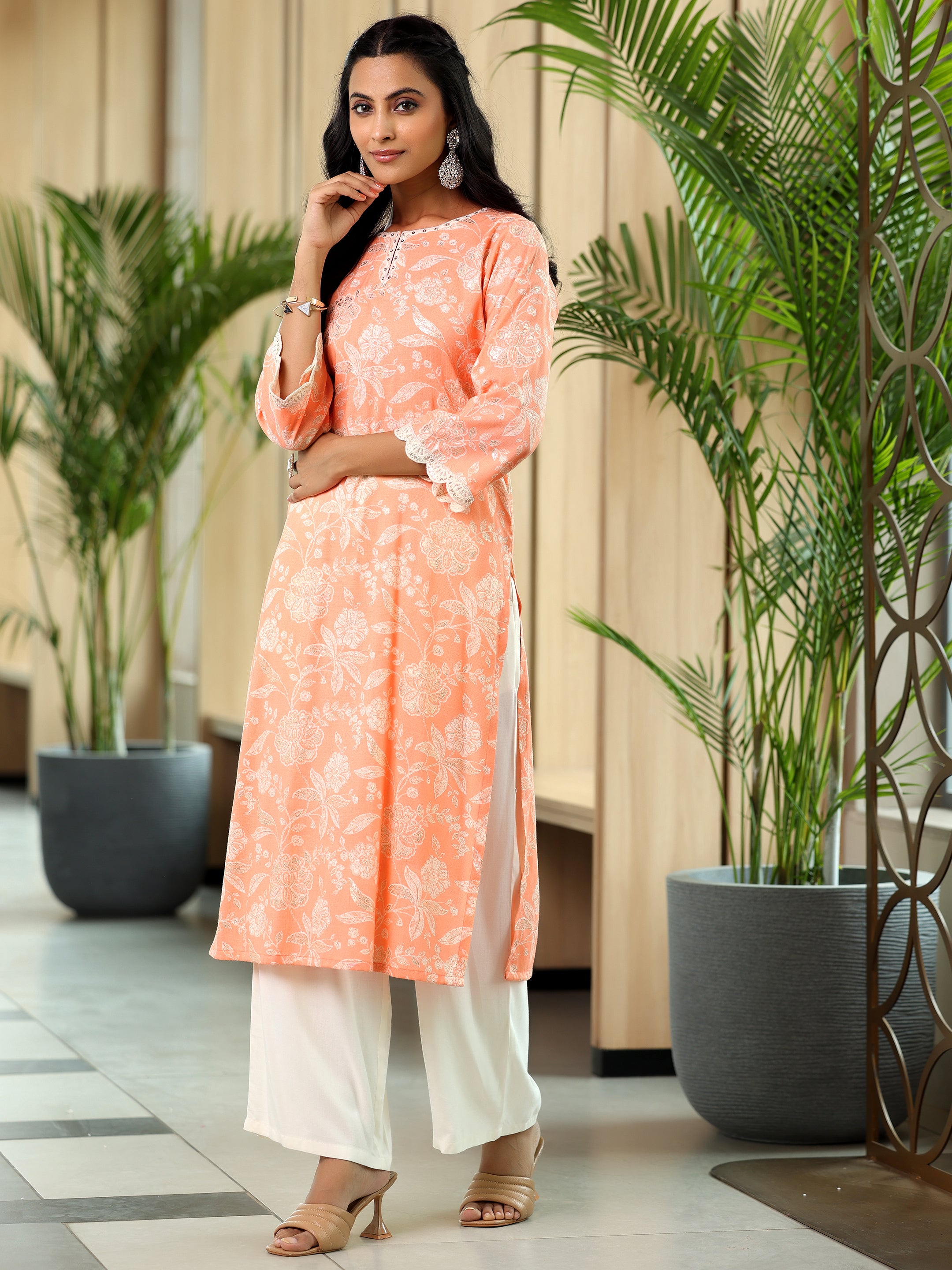 Orange Printed Cotton Blend Straight Suit With Dupatta