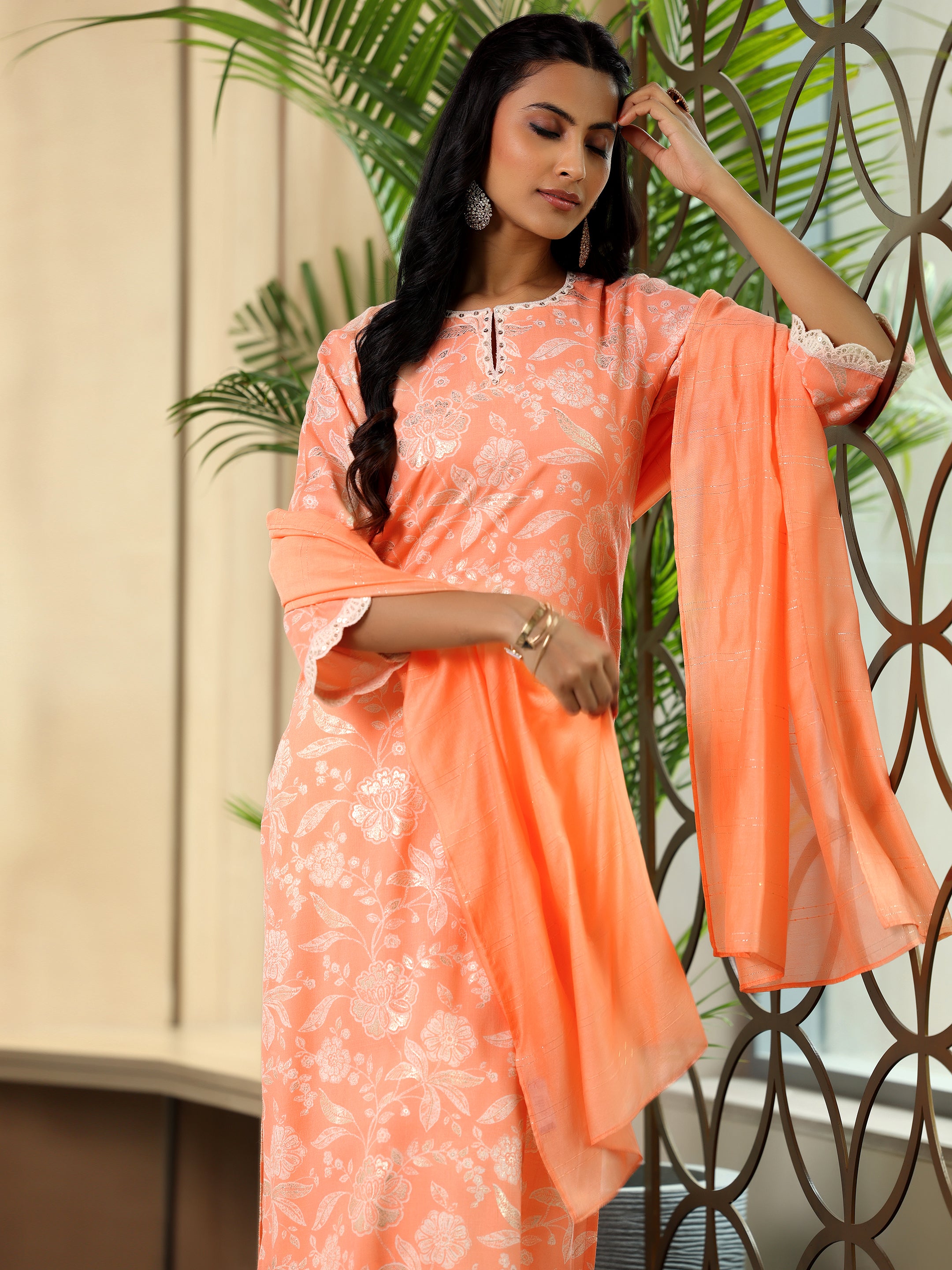 Orange Printed Cotton Blend Straight Suit With Dupatta