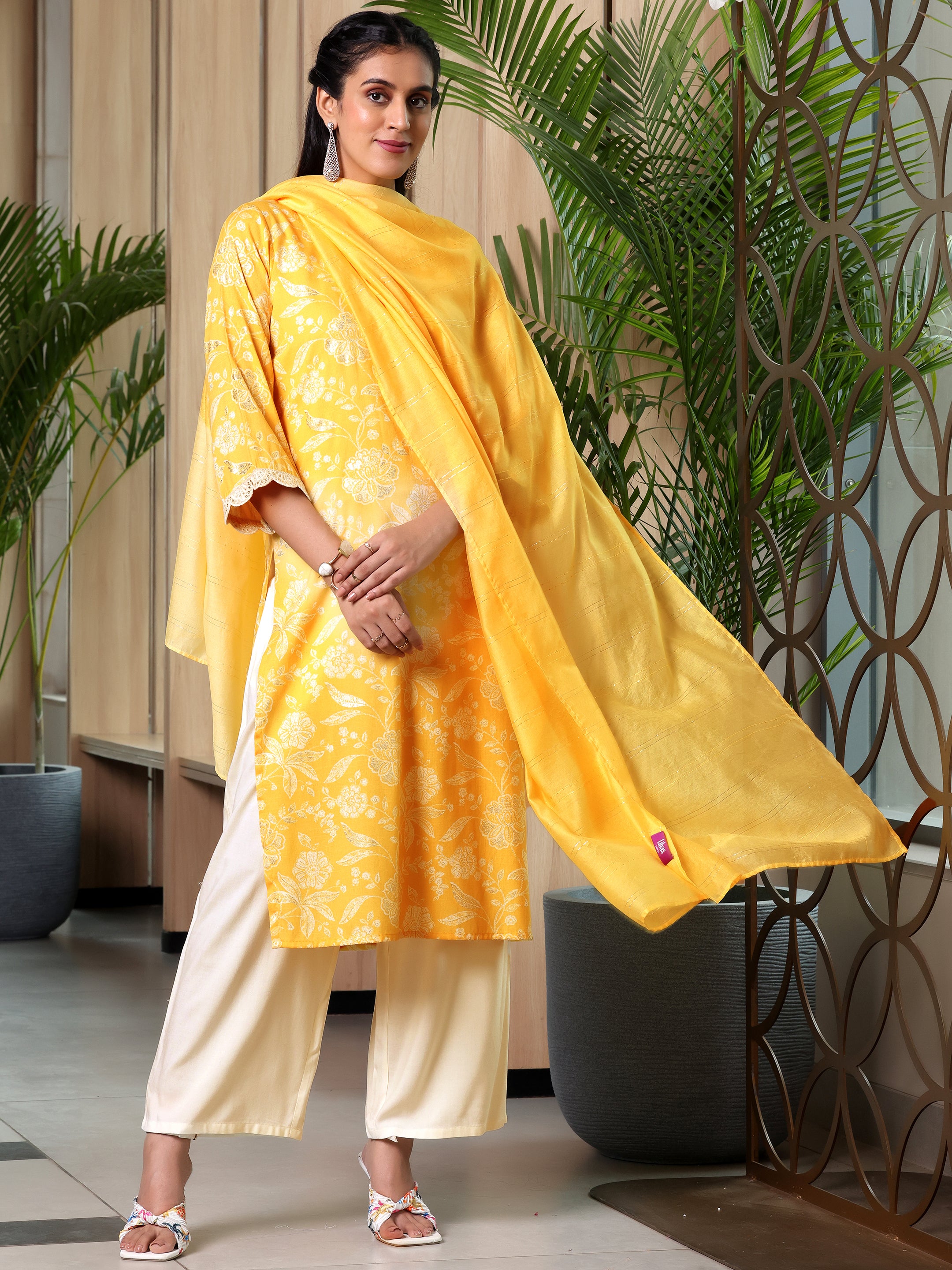 Yellow Printed Cotton Blend Straight Suit With Dupatta