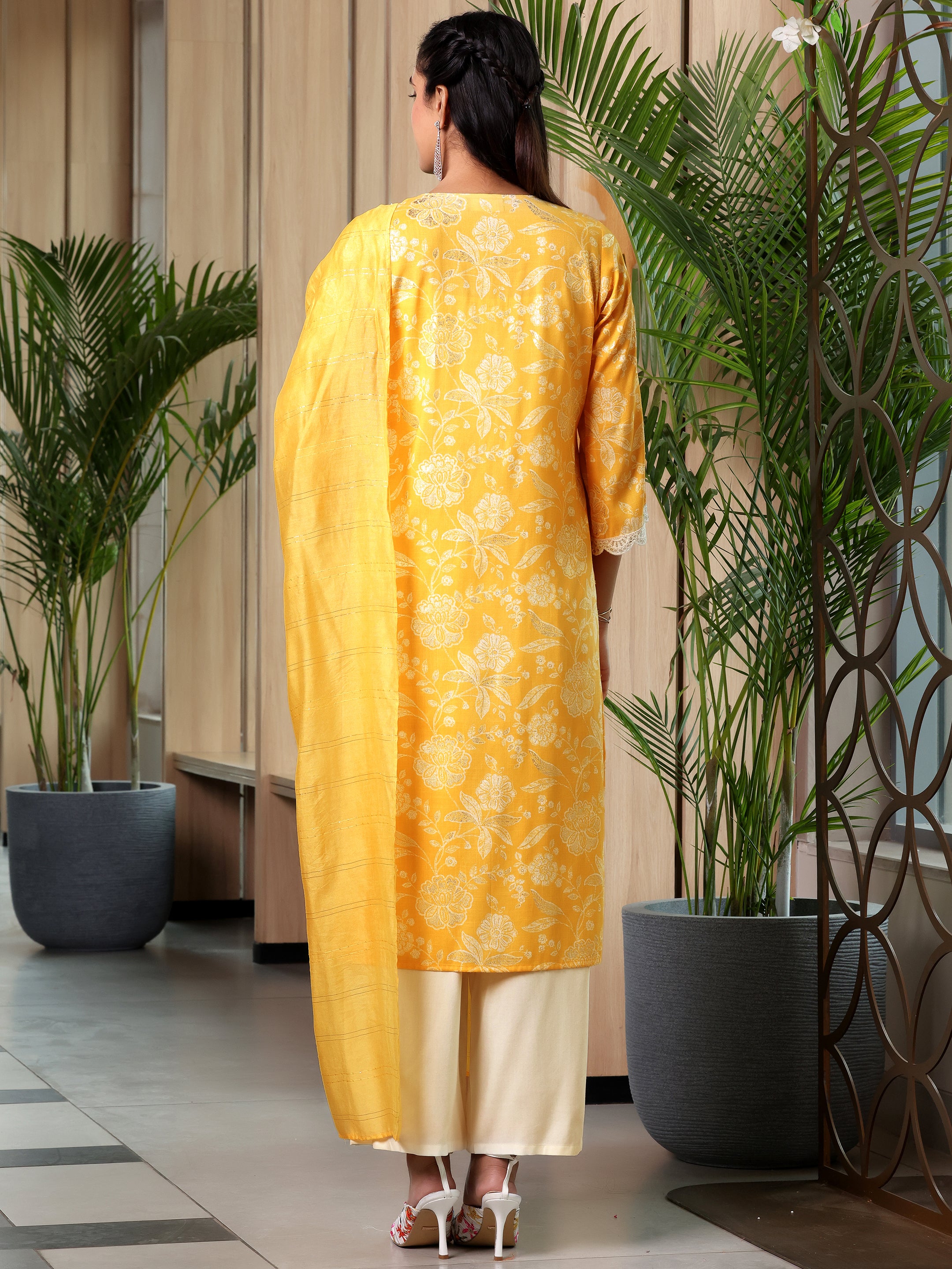 Yellow Printed Cotton Blend Straight Suit With Dupatta