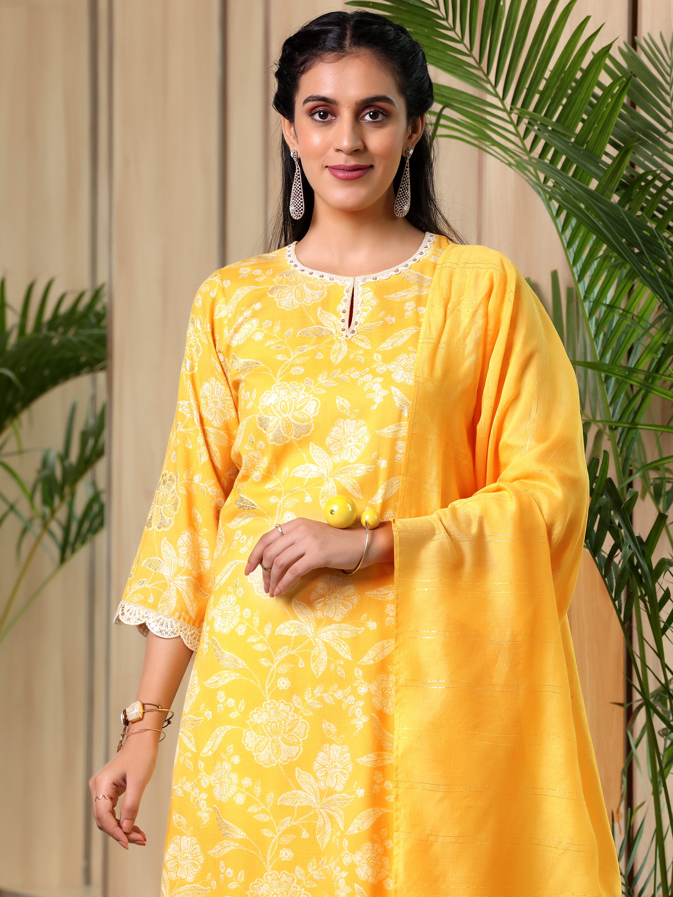 Yellow Printed Cotton Blend Straight Suit With Dupatta