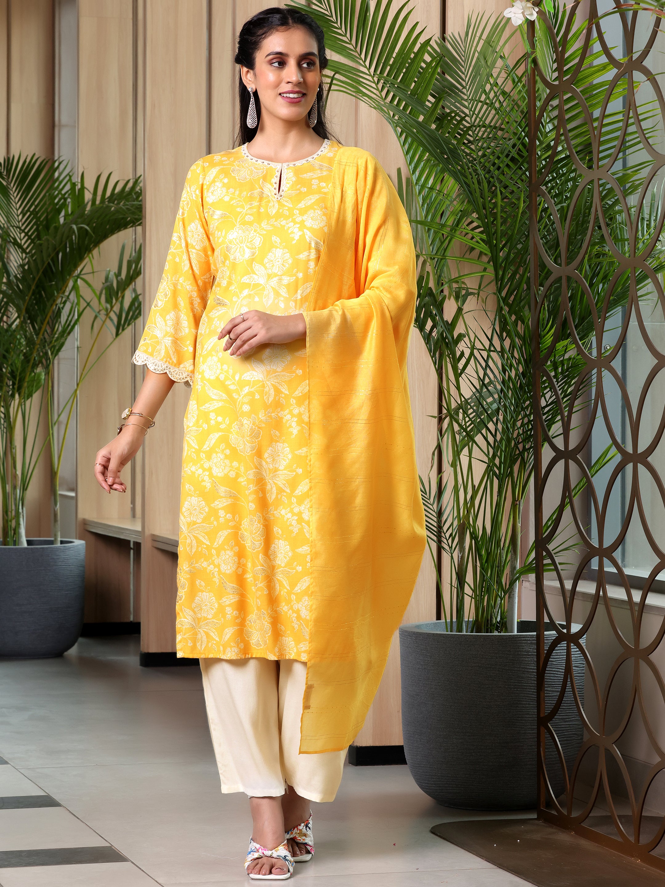 Yellow Printed Cotton Blend Straight Suit With Dupatta